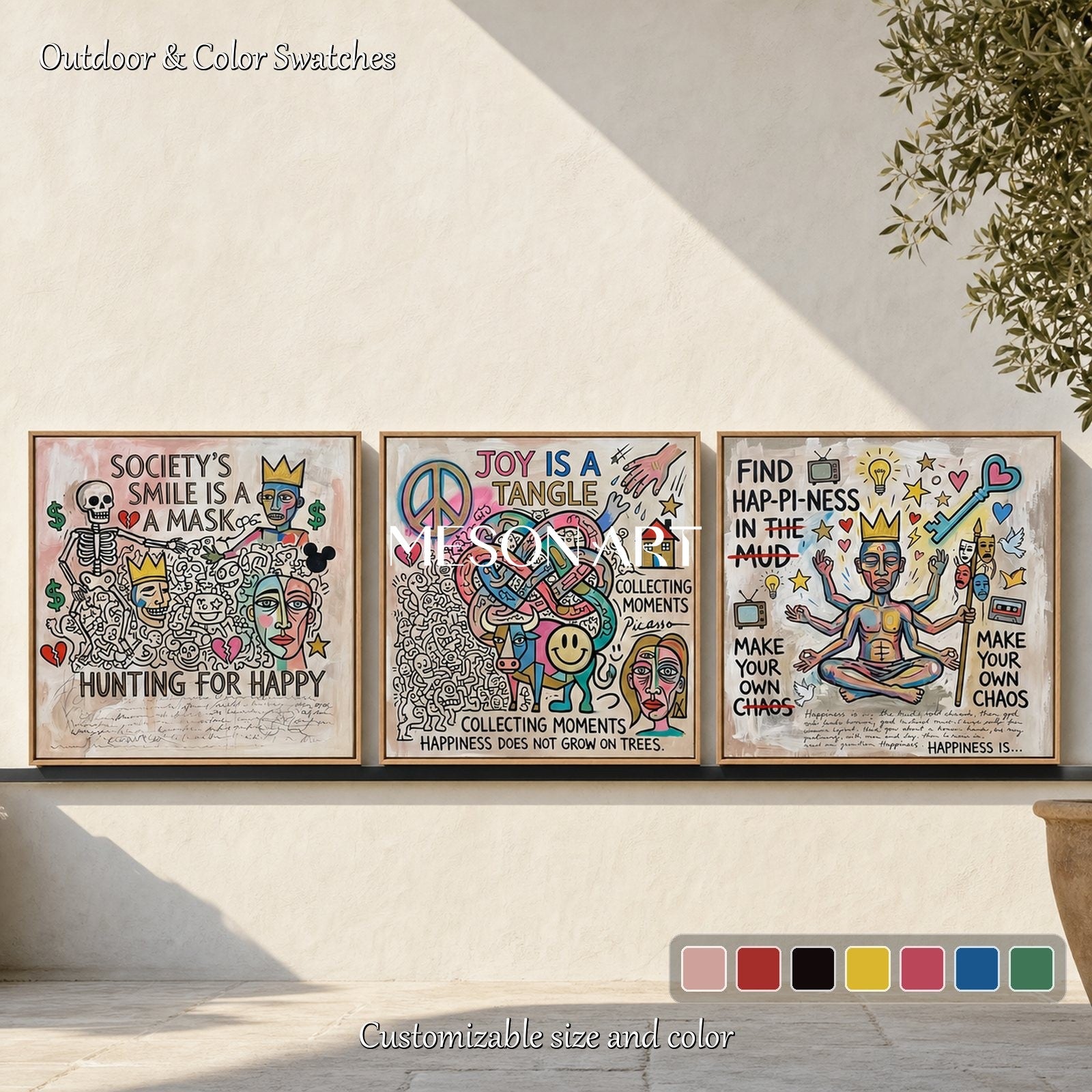 Vibrant Abstract Pop Art Triptych With Text For Modern Living Room Wall Decor