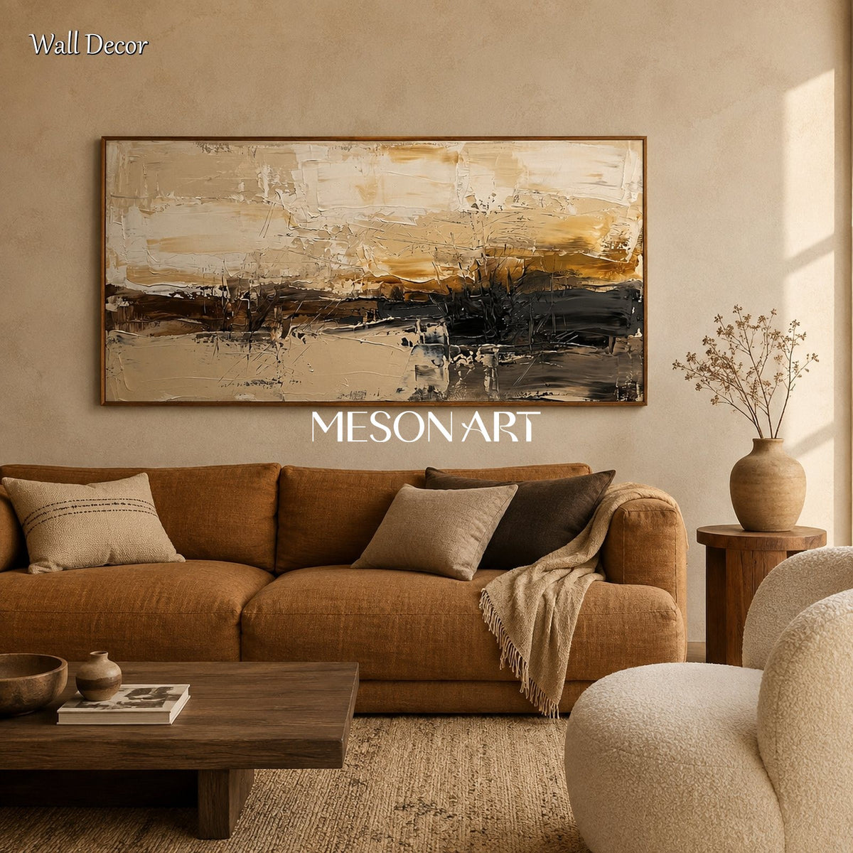 Beige And Black Abstract Landscape Painting Panoramic Wall Art For Living Room By Mesonart