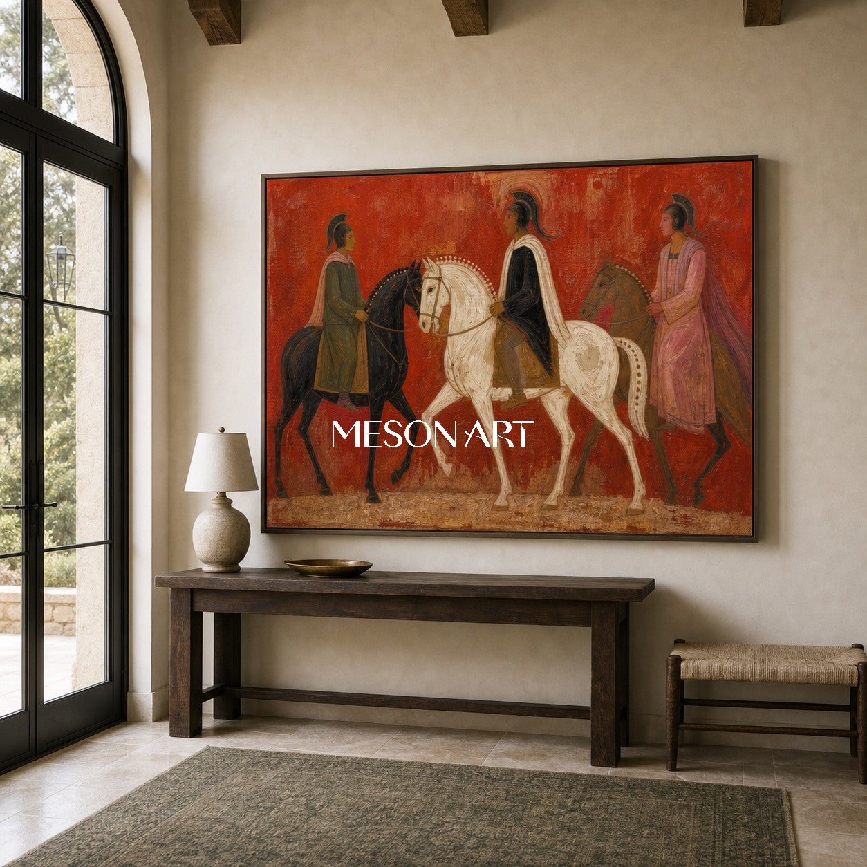 Ancient Equestrian Art With Red Background For Modern Living Room Decor