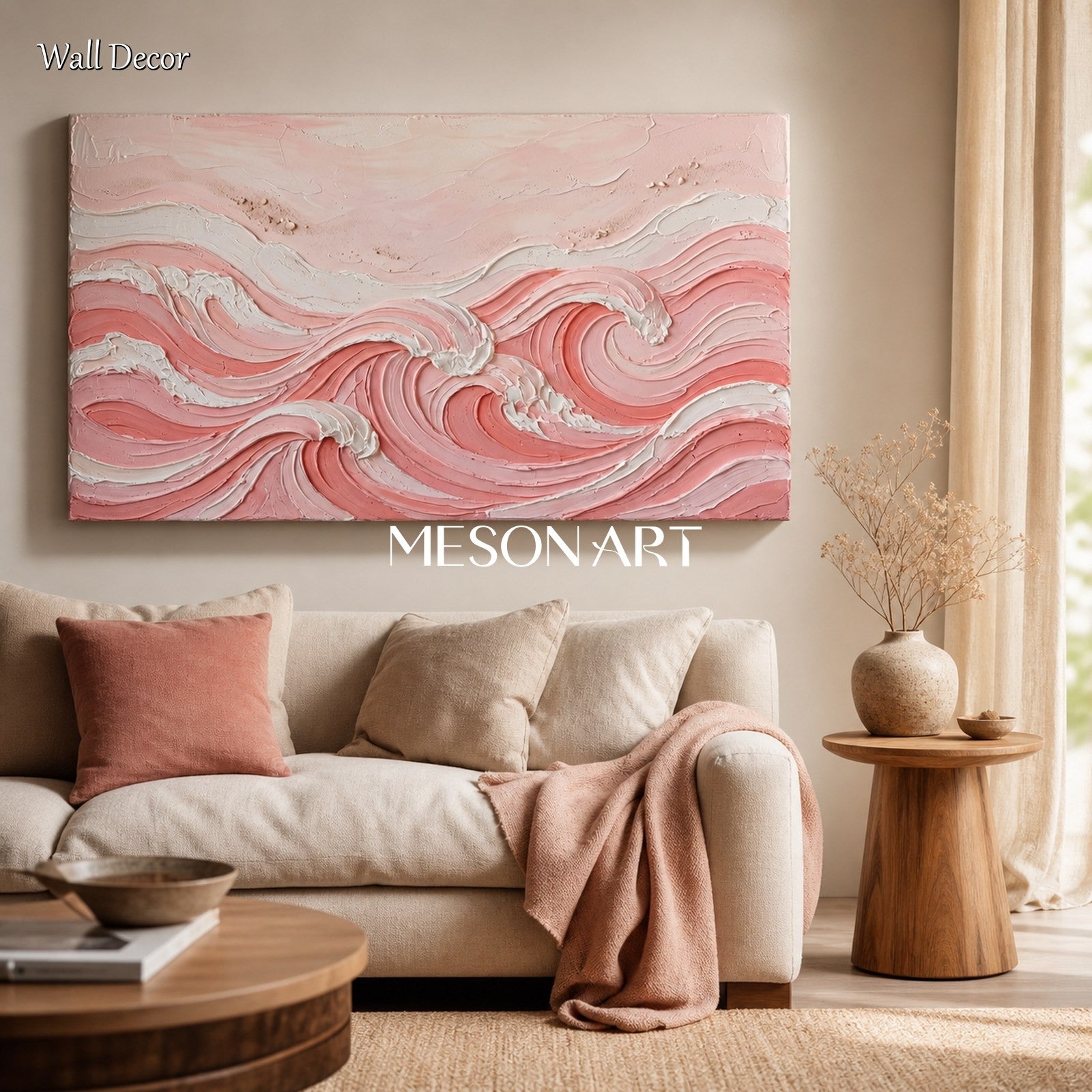 Pink Wave Textured Wall Art For Modern Bedroom Decor With Soft Brushwork