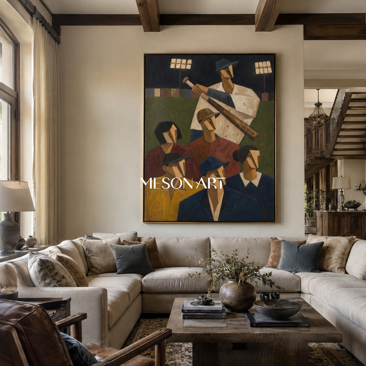 Expressionist Baseball Painting With Geometric Figures For Modern Living Room Decor