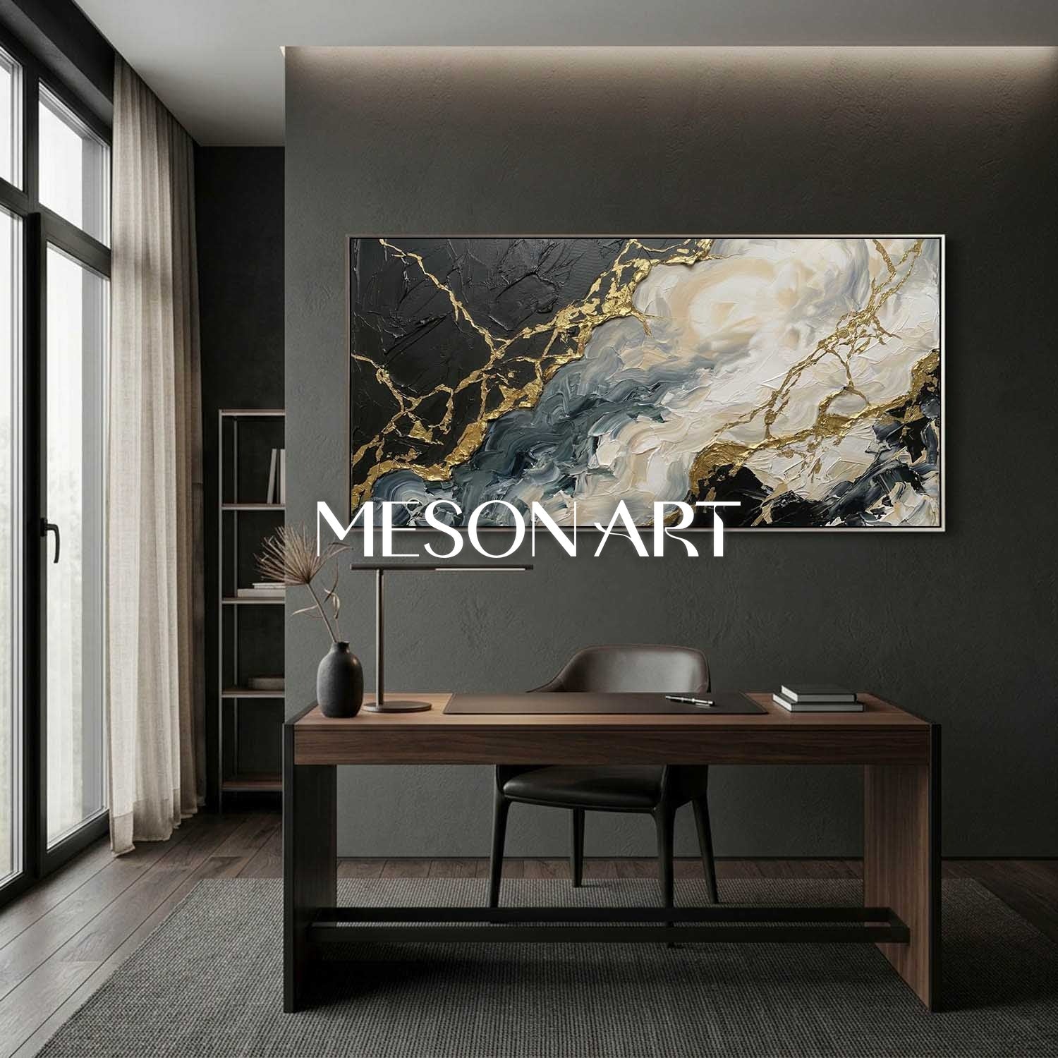 Gilded Tides Abstract Plaster Art With Gold Veins For Modern Living Room Decor