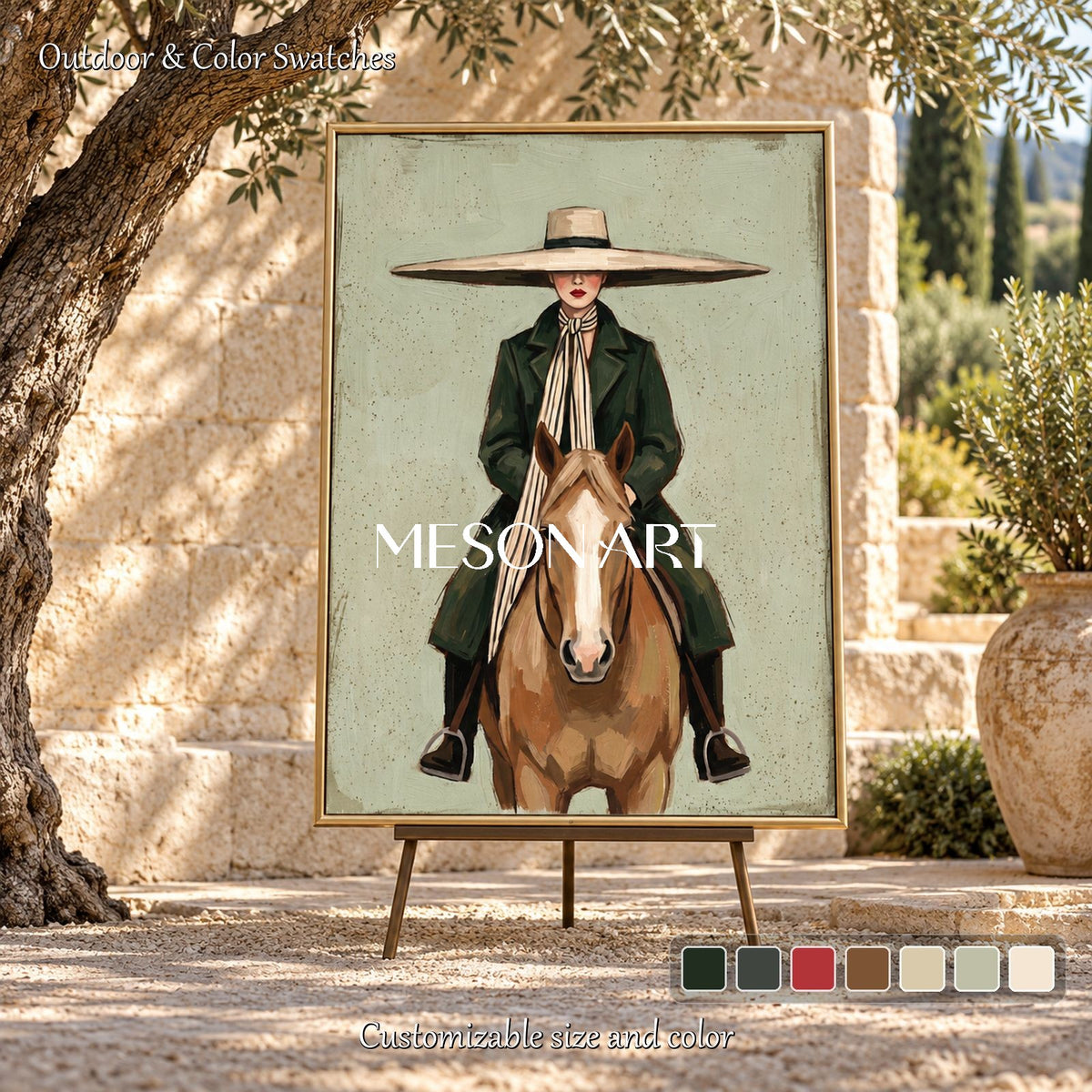 Green And Brown Vintage Cowboy Painting Rectangular Wall Art Original Artist Hand Painted For Living Room By Mesonart