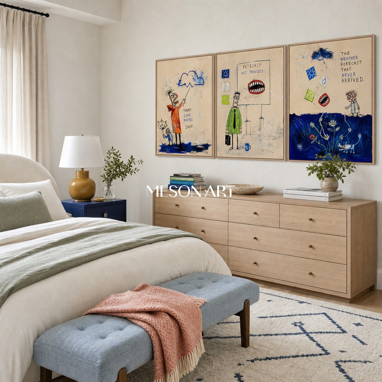 Blue Beige Graffiti Narrative Figurative Cartoon Weather Rectangular Wall Art Original Artist Hand Painted By Mesonart