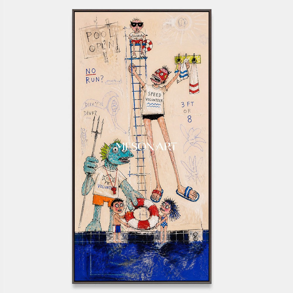 Blue And Orange Graffiti Cartoon Swimming Pool Art Panoramic Lifeguard Painting By Mesonart