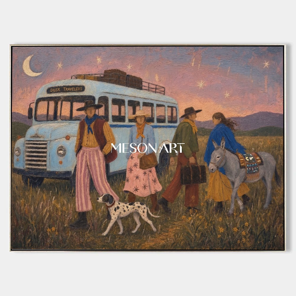 Bohemian Travel Art With Vintage Bus And Nomadic Figures For Living Room Decor