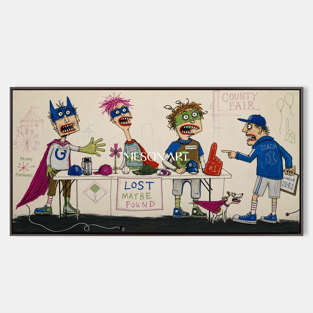 Blue And Green Graffiti Cartoon Art Narrative Sports Lost And Found Dog Textured Panoramic Wall Decor By Mesonart