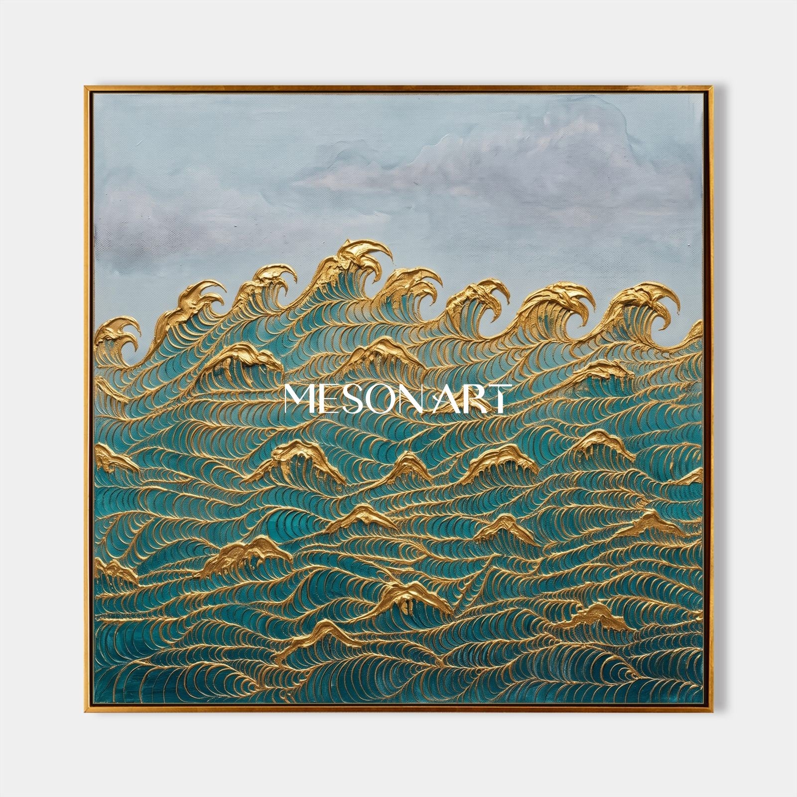 Gilded Wave Painting In Teal And Gold For Art Deco Living Room Decor With Textured Relief
