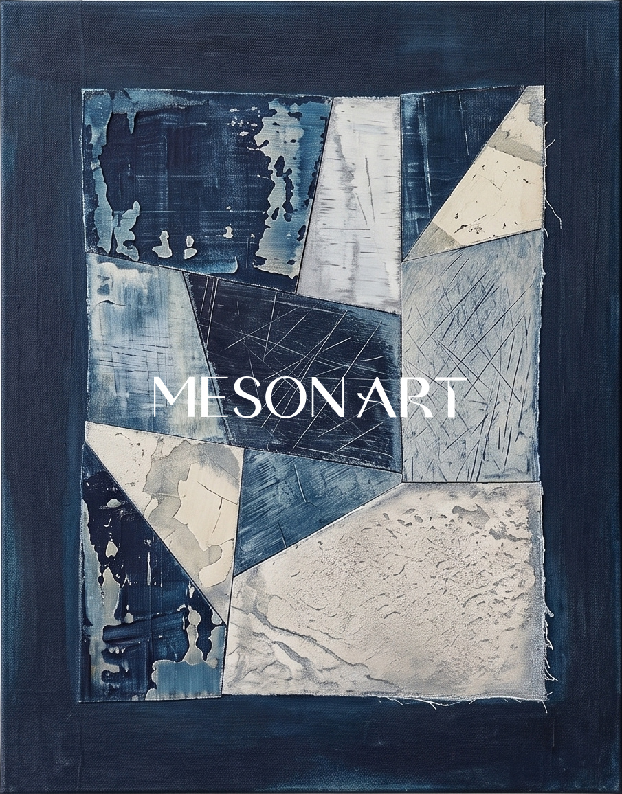 Blue And White Abstract Art With Textured Relief For Modern Living Room Decor