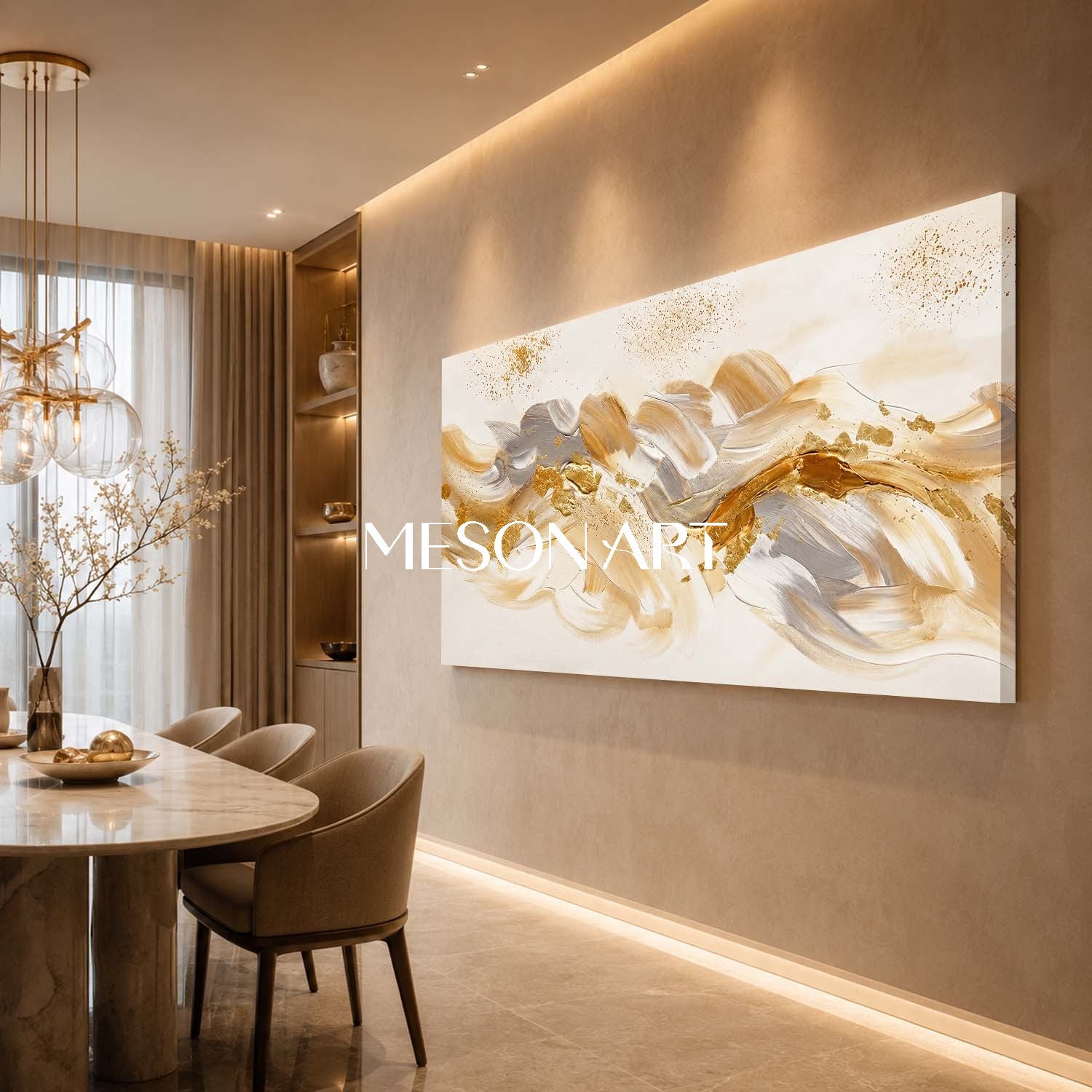 Luxury Gold Abstract Painting With Champagne Tones For Modern Living Room Decor