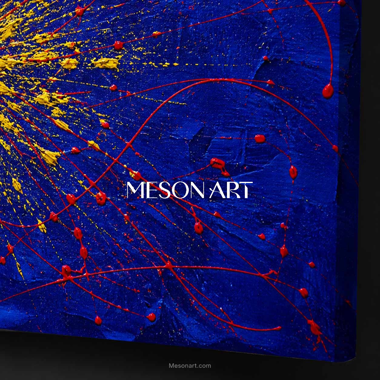 Blue And Yellow Pollock Abstract Painting With Red Splatter For Modern Living Room Decor