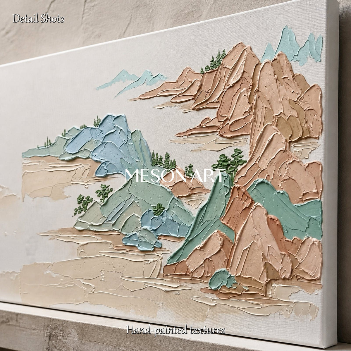 Beige And Blue Impasto Mountain Painting Rectangular Wall Art Contemporary Landscape By Mesonart