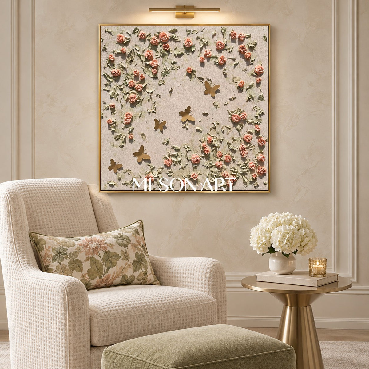 Pink And Green Textured Botanical Painting Original Hand Painted Square Wall Art By Mesonart