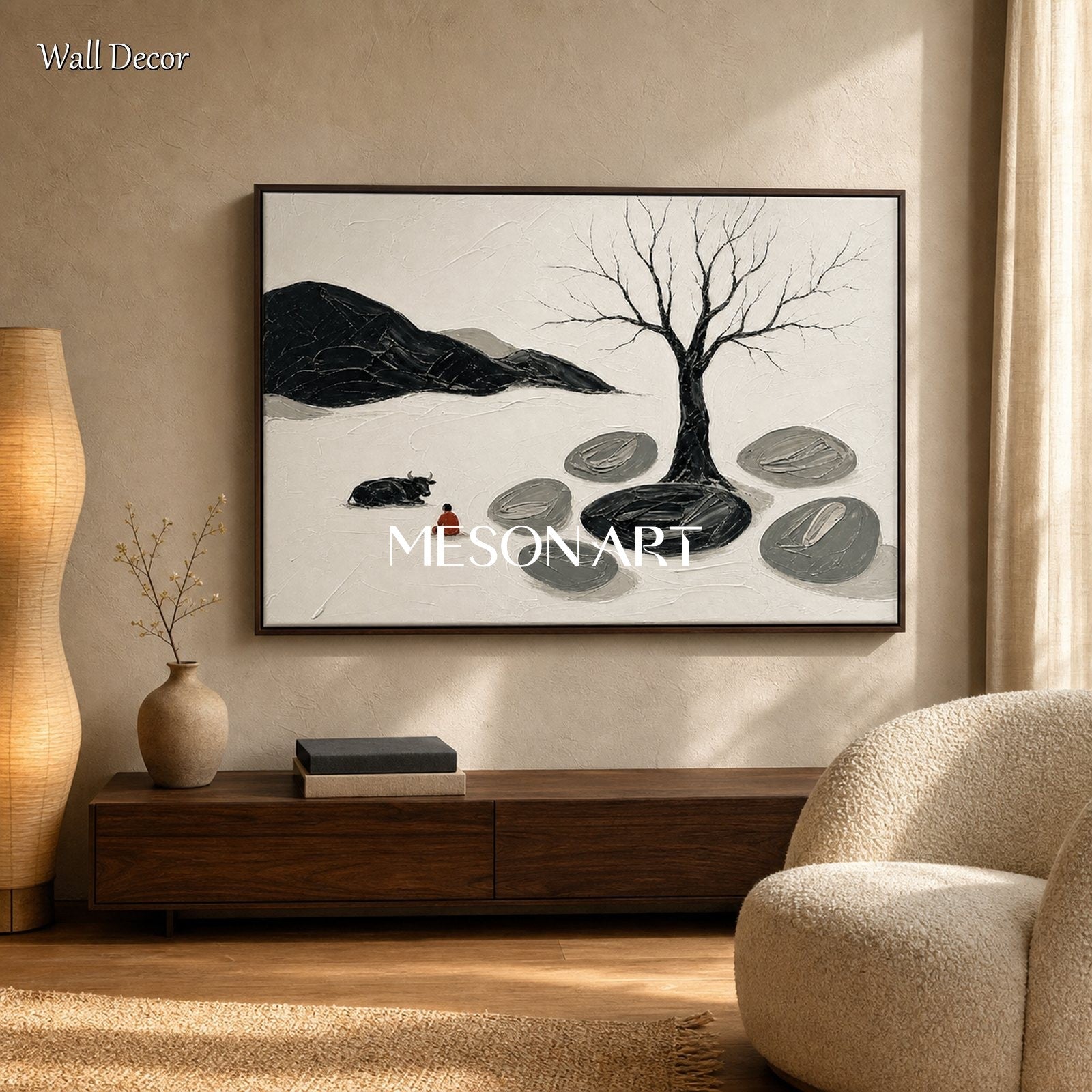 Minimalist Zen Art Painting With Tree And Figure For Modern Living Room Decor