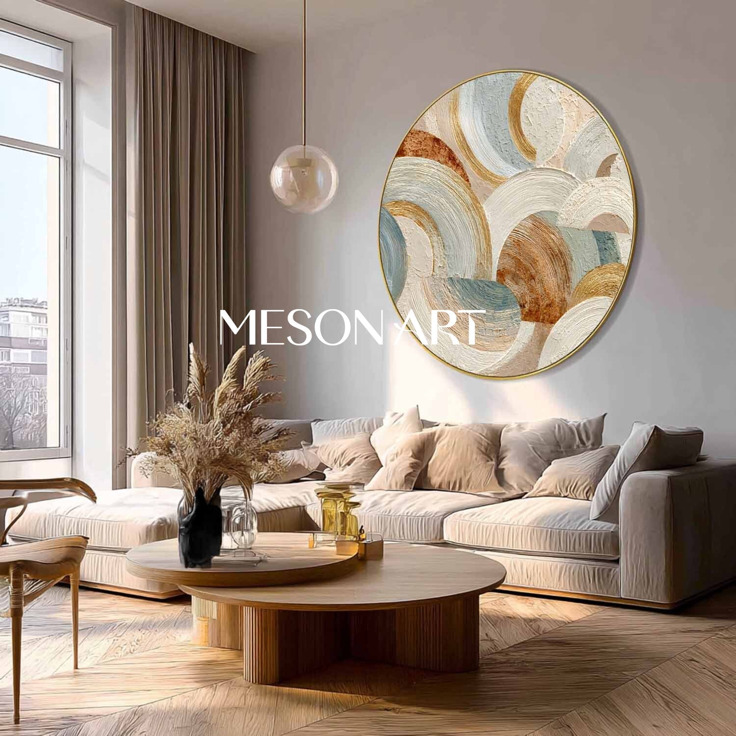 Large Round Abstract Wall Art – Modern Beige and Gold Textured Canvas
