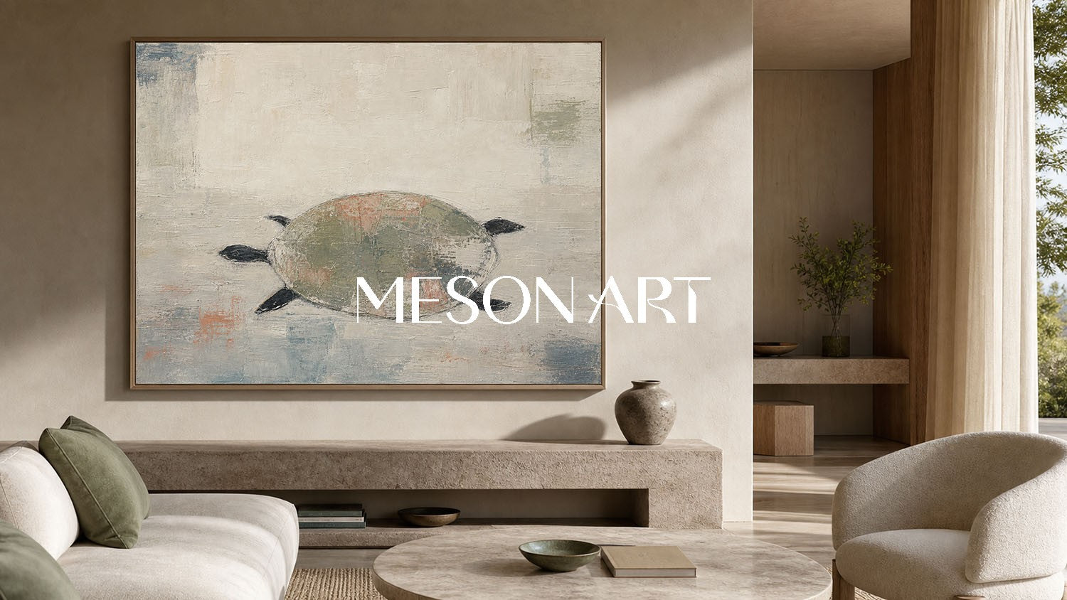 Minimalist Turtle Painting Abstract Green Grey Wall Art For Modern Living Room And Bedroom Decor