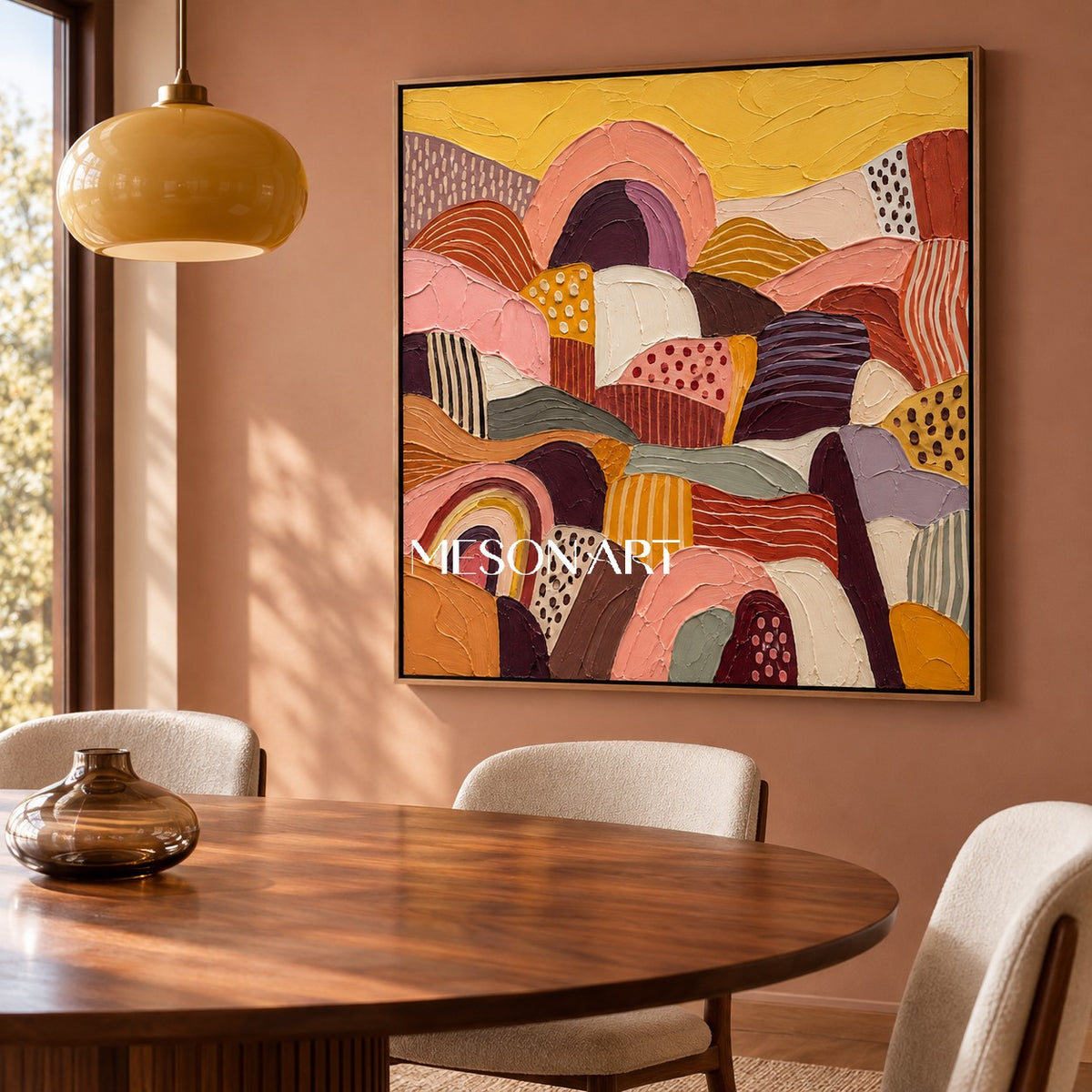Gold And Pink Abstract Landscape Painting Original Hand Painted Square Wall Art For Living Room By Mesonart