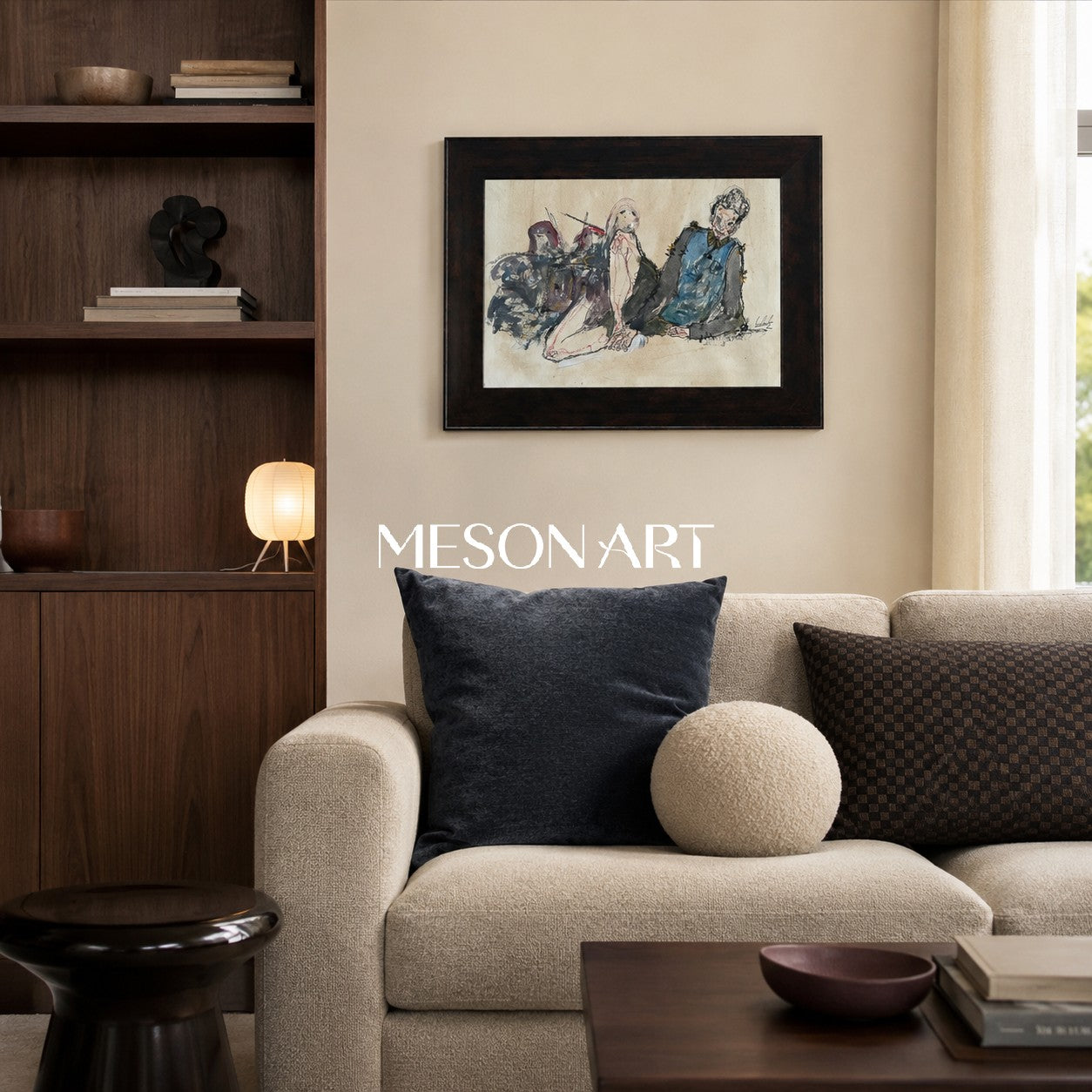 Beige And Black Contemporary Figurative Rectangular Wall Art Original Artist Hand Painted By Mesonart