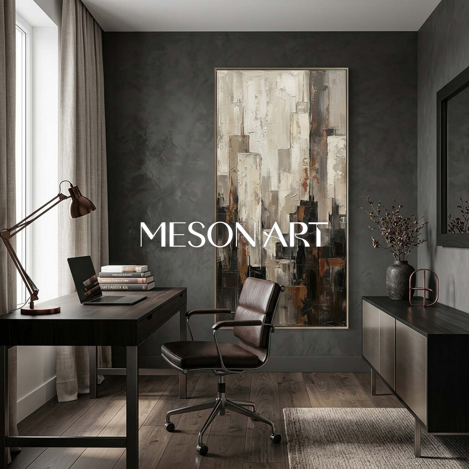 Abstract City Painting With Plaster Texture For Industrial Loft Living Room Decor