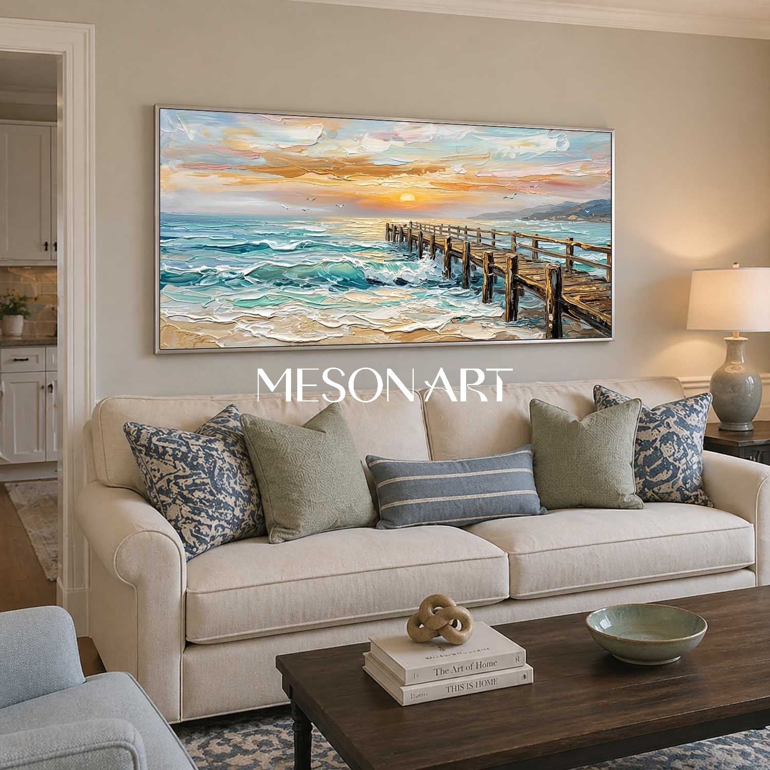 Luxury Golden Sunset Seascape Oil Painting With Textured Pier For Modern Living Room Wall Art