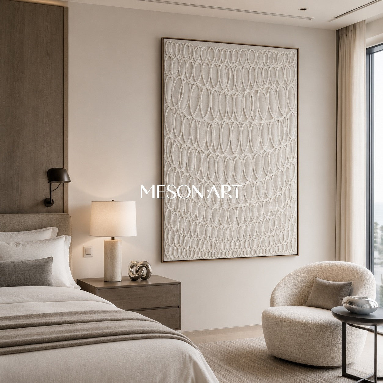 Beige Plaster Relief Art With Oval Pattern For Modern Living Room Decor