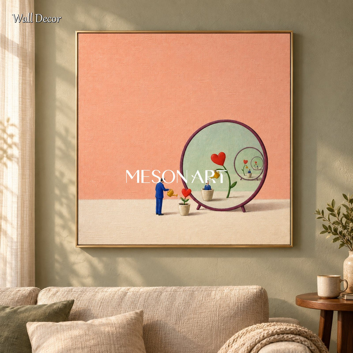 Quadro surreale con specchio rosa e rosso, opera d'arte originale da parete di forma quadrata, dipinto a mano dall'artista Mesonart