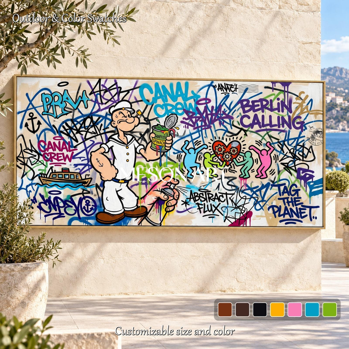 Blue White Graffiti Painting Panoramic Pop Art Wall Decor For Living Room By Mesonart