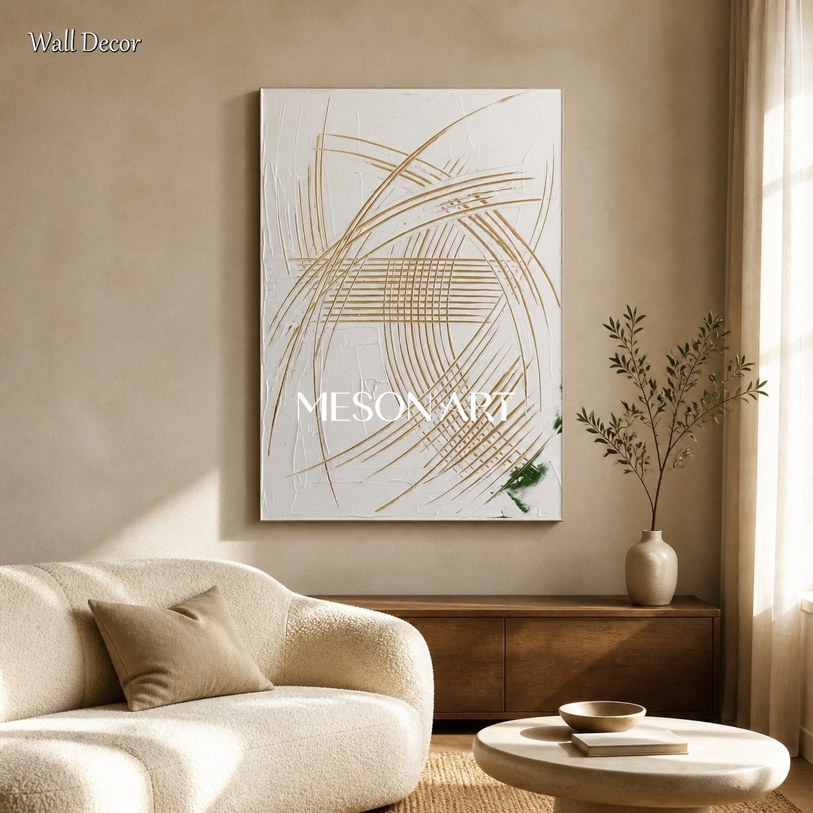 White And Gold Abstract Expressionism Painting Rectangular Wall Art For Living Room Original Artist Inspired Art By Mesonart