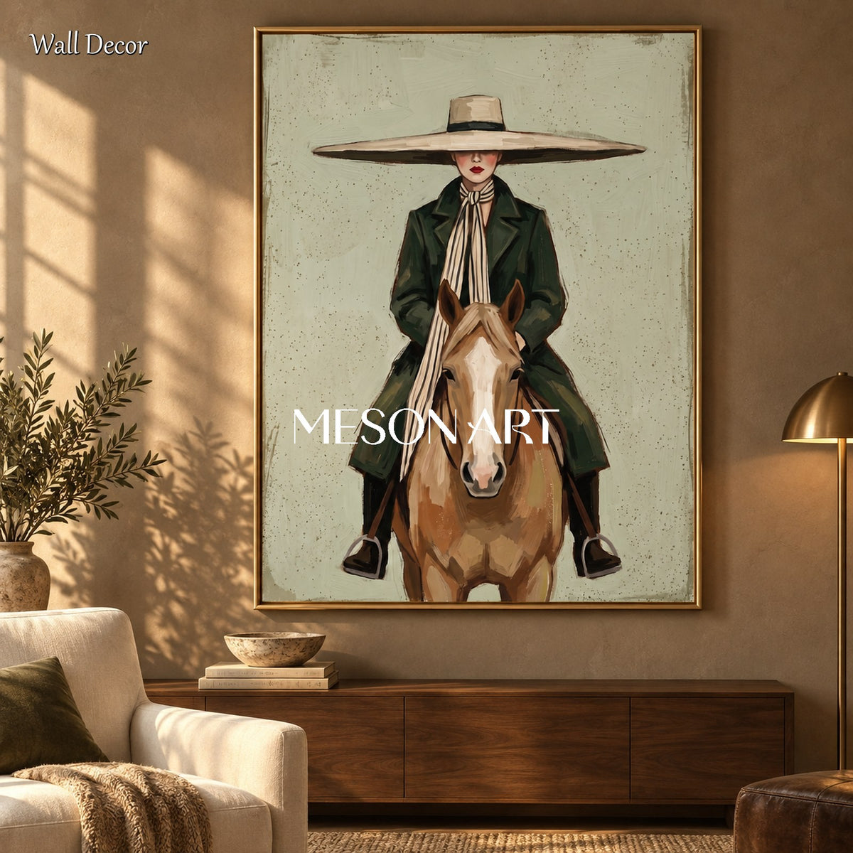 Green And Brown Vintage Cowboy Painting Rectangular Wall Art Original Artist Hand Painted For Living Room By Mesonart