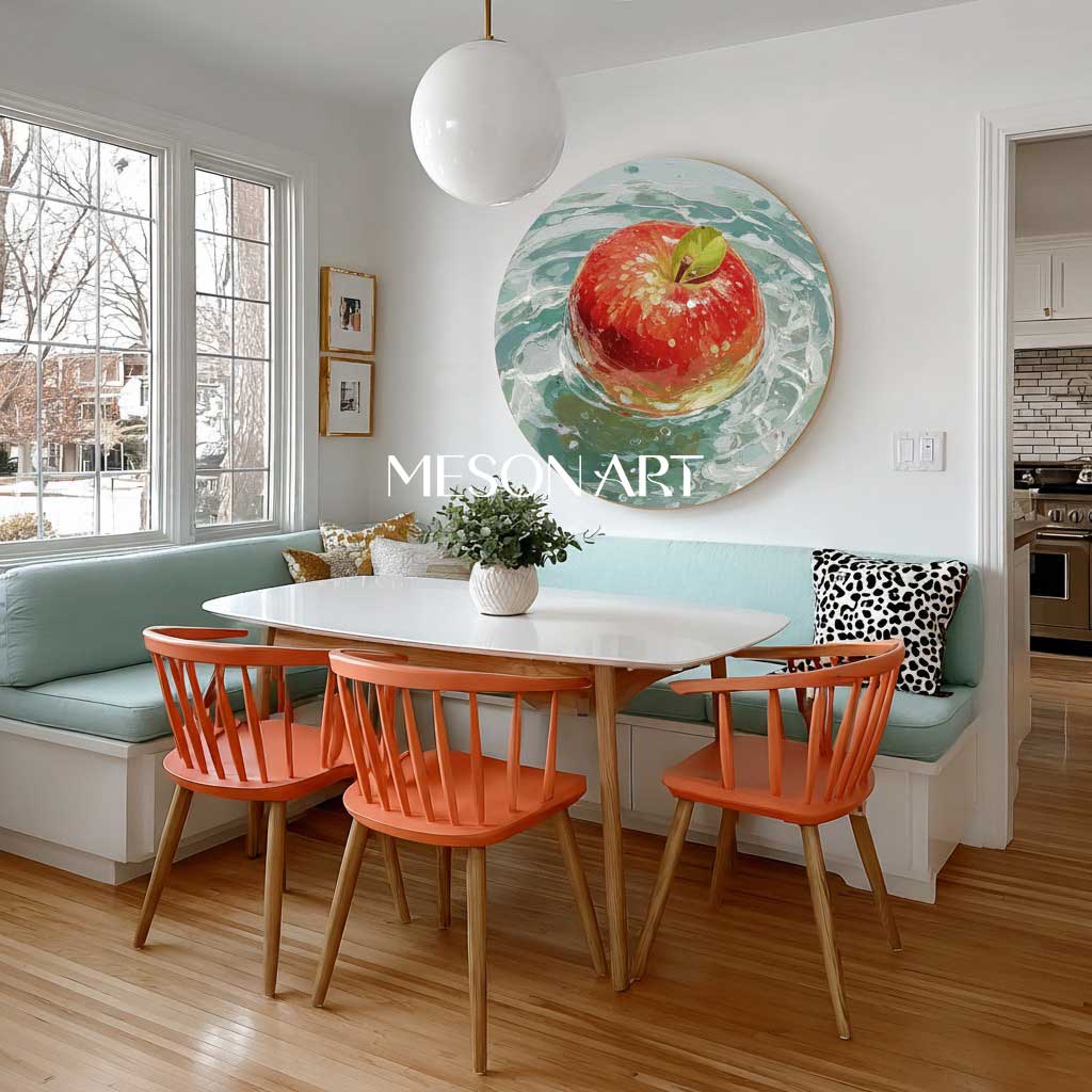Red Apple Round Canvas Painting – Modern Still Life Wall Art