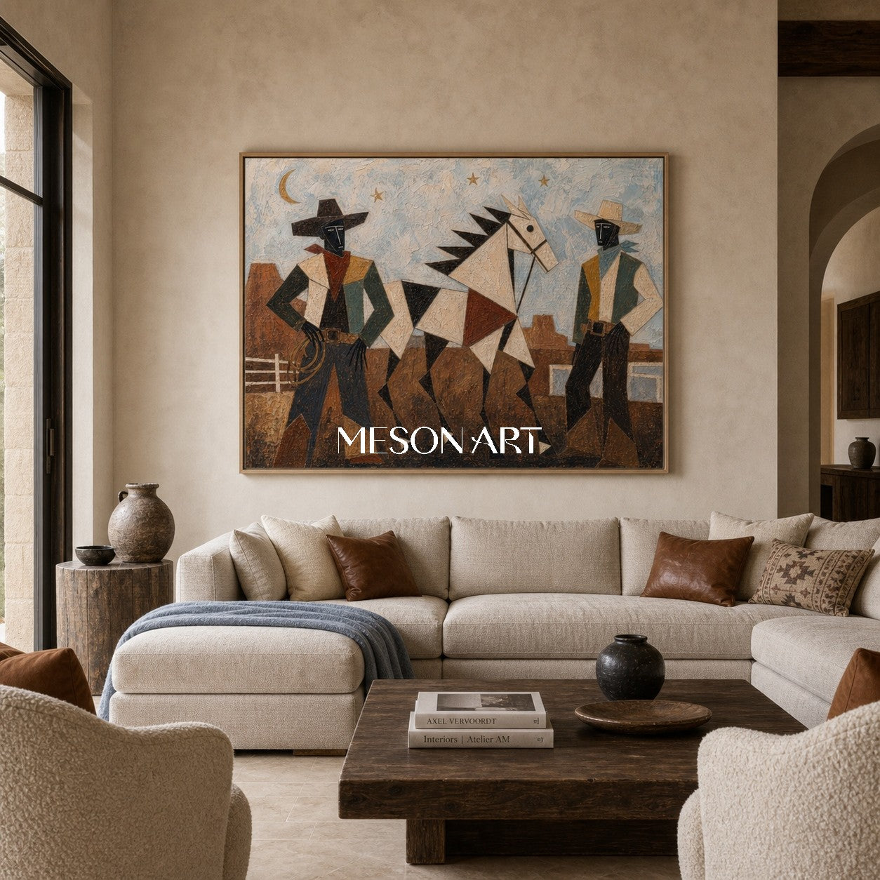 Geometric Cowboy And Horse Painting For Modern Living Room Decor