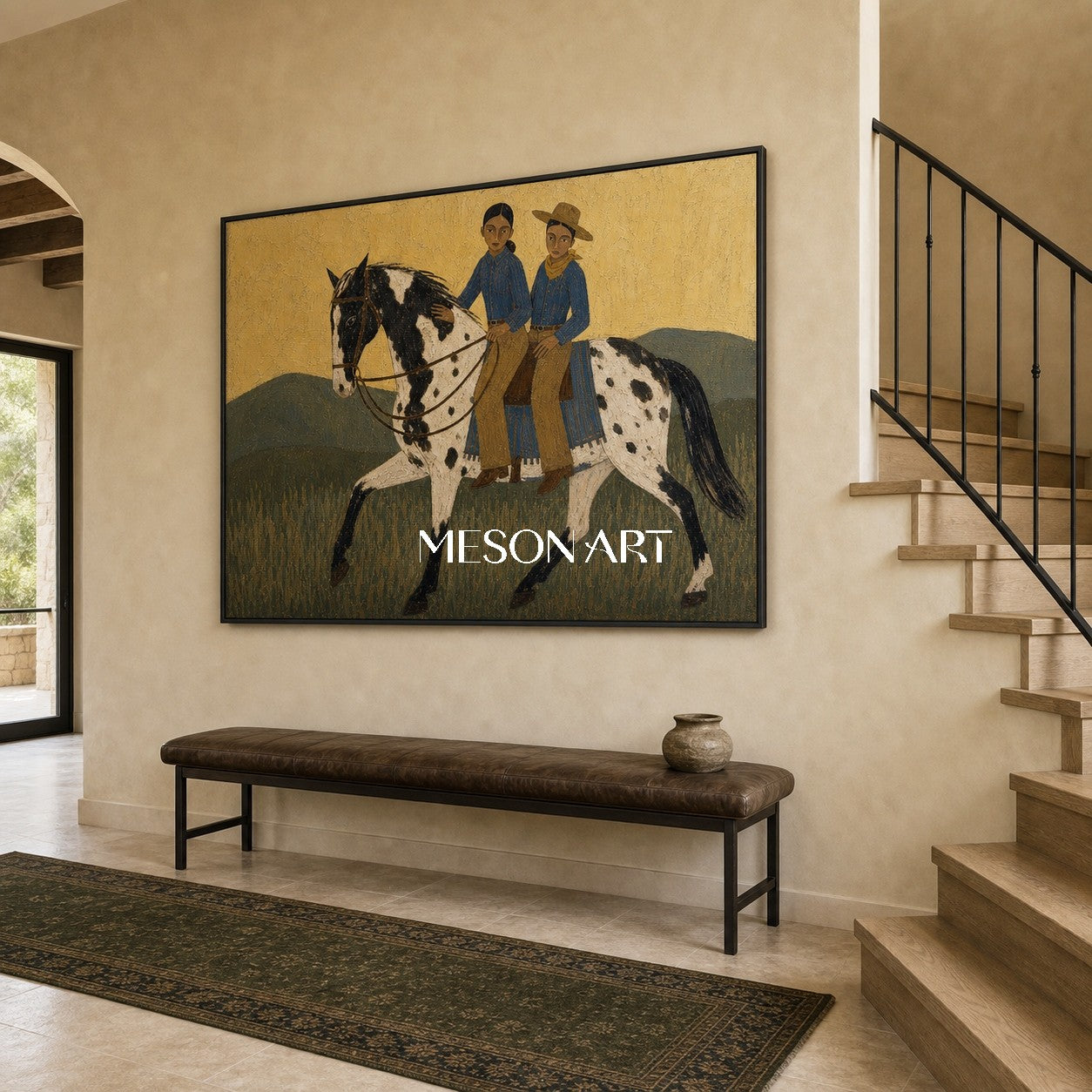 Contemporary Equestrian Painting With Minimalist Horse Riders For Living Room Decor
