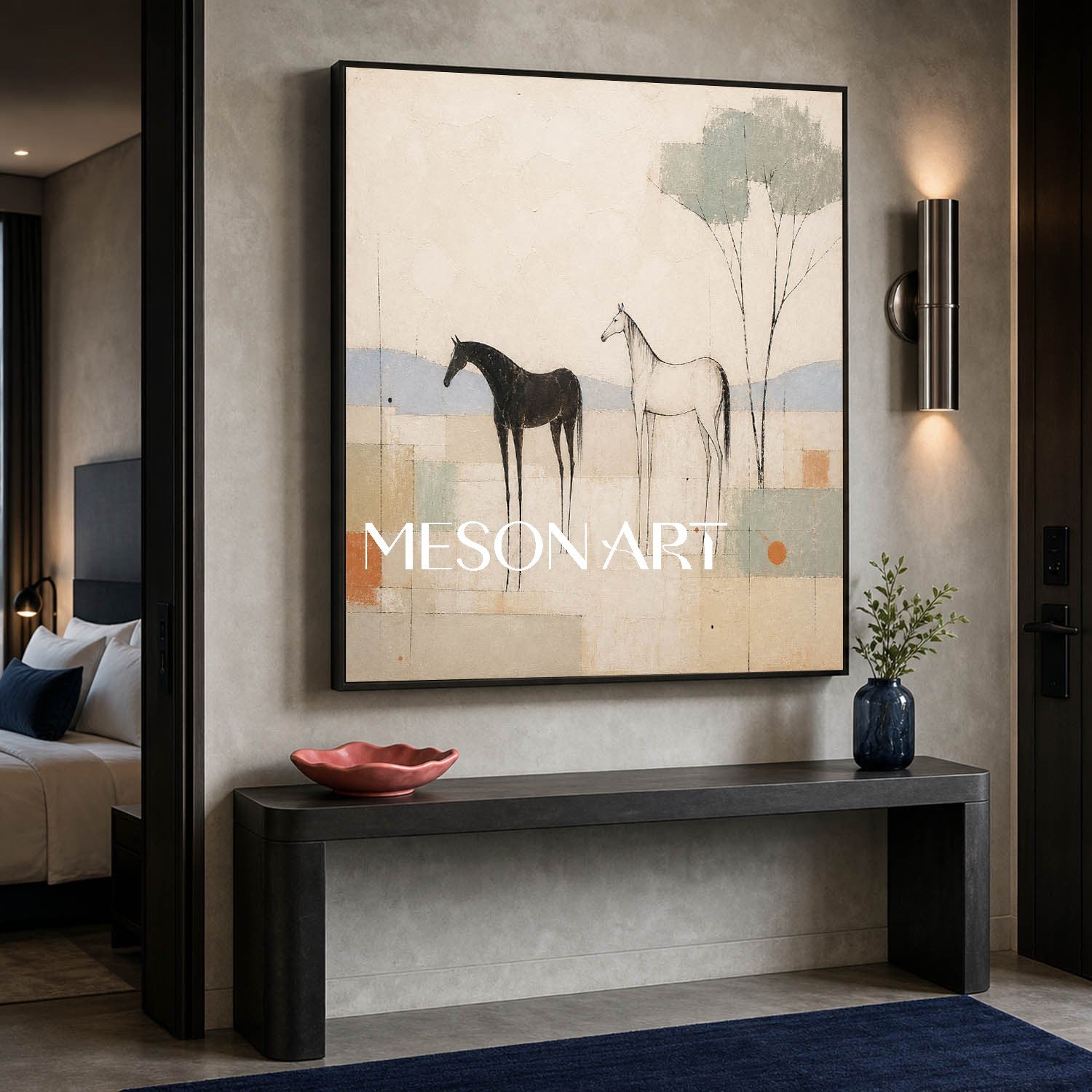 Minimalist Horse Painting In Beige Tones For Living Room And Office Decor