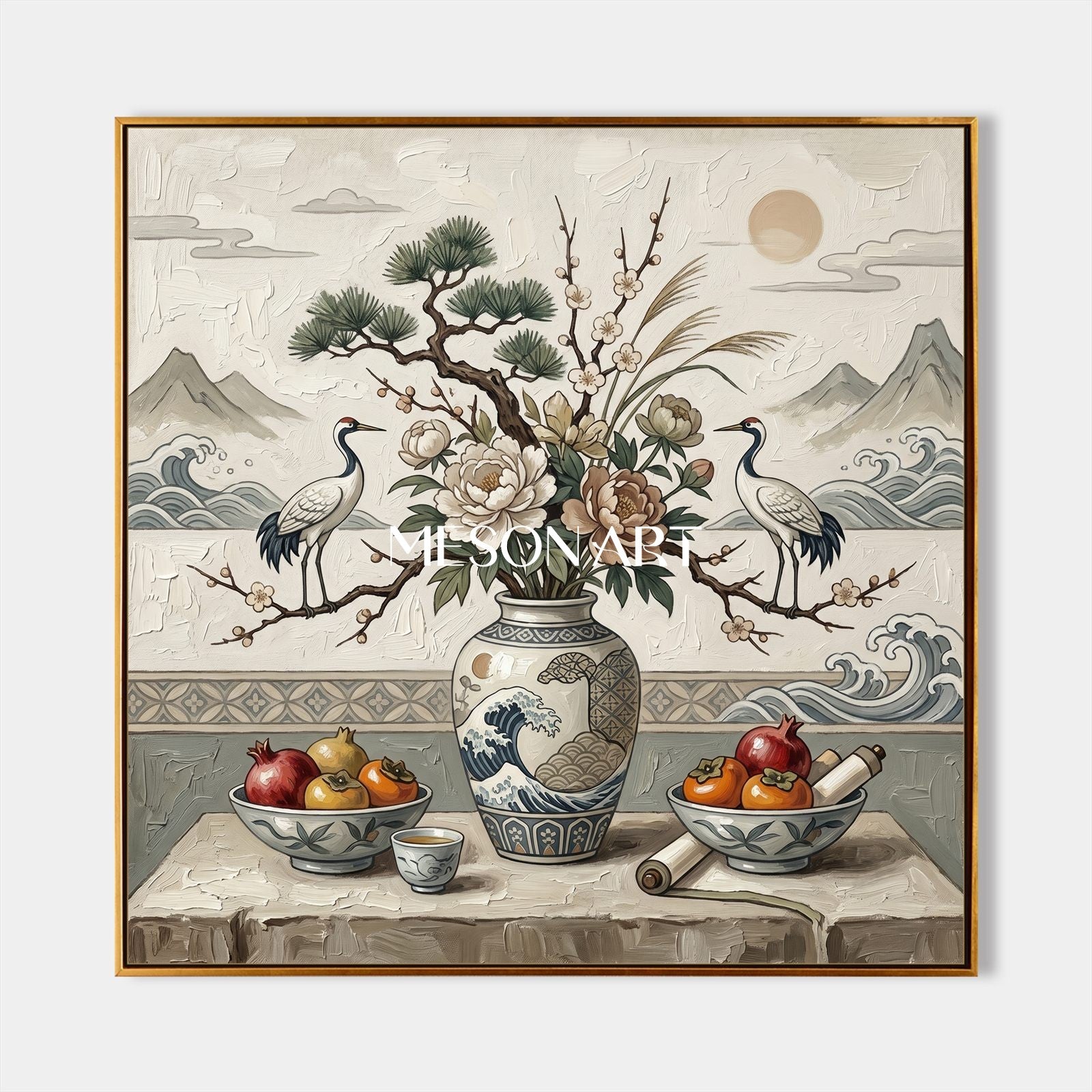 Japanese Inspired Still Life Art With Cranes And Peonies For Calm Living Spaces