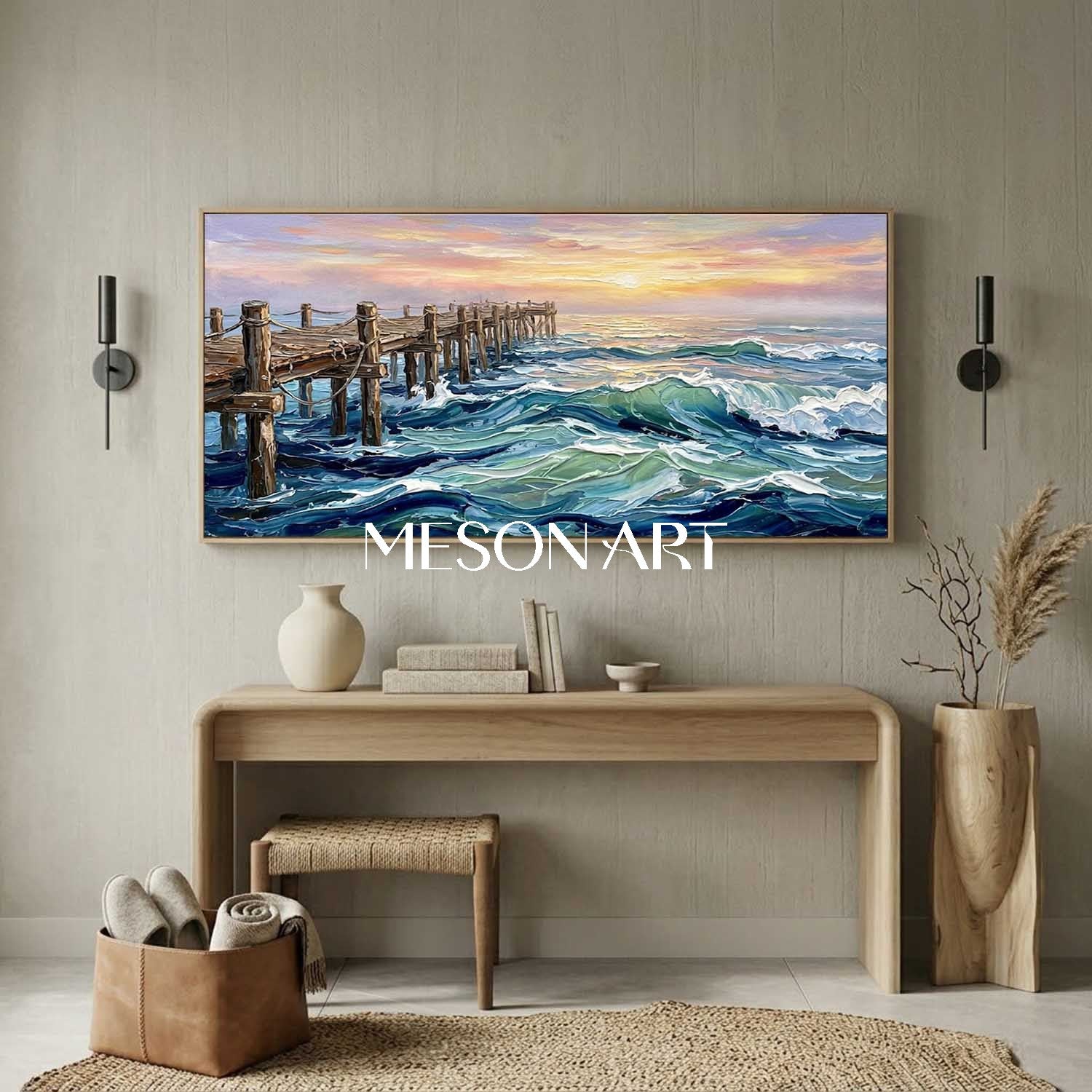 Luxury Ocean Sunset Painting With Impasto Waves And Wooden Pier For Living Room Decor