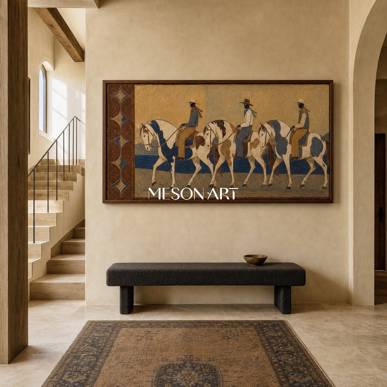 Vintage Western Horse Riders Painting Earthy Tones Decorative Art For Home Wall