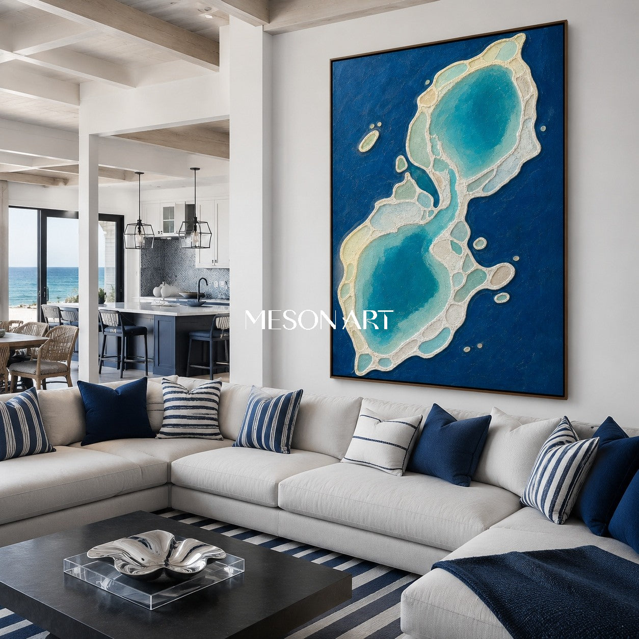 Azure Biomorphic Ocean Art With Soft Impasto Texture For Modern Living Room Decor