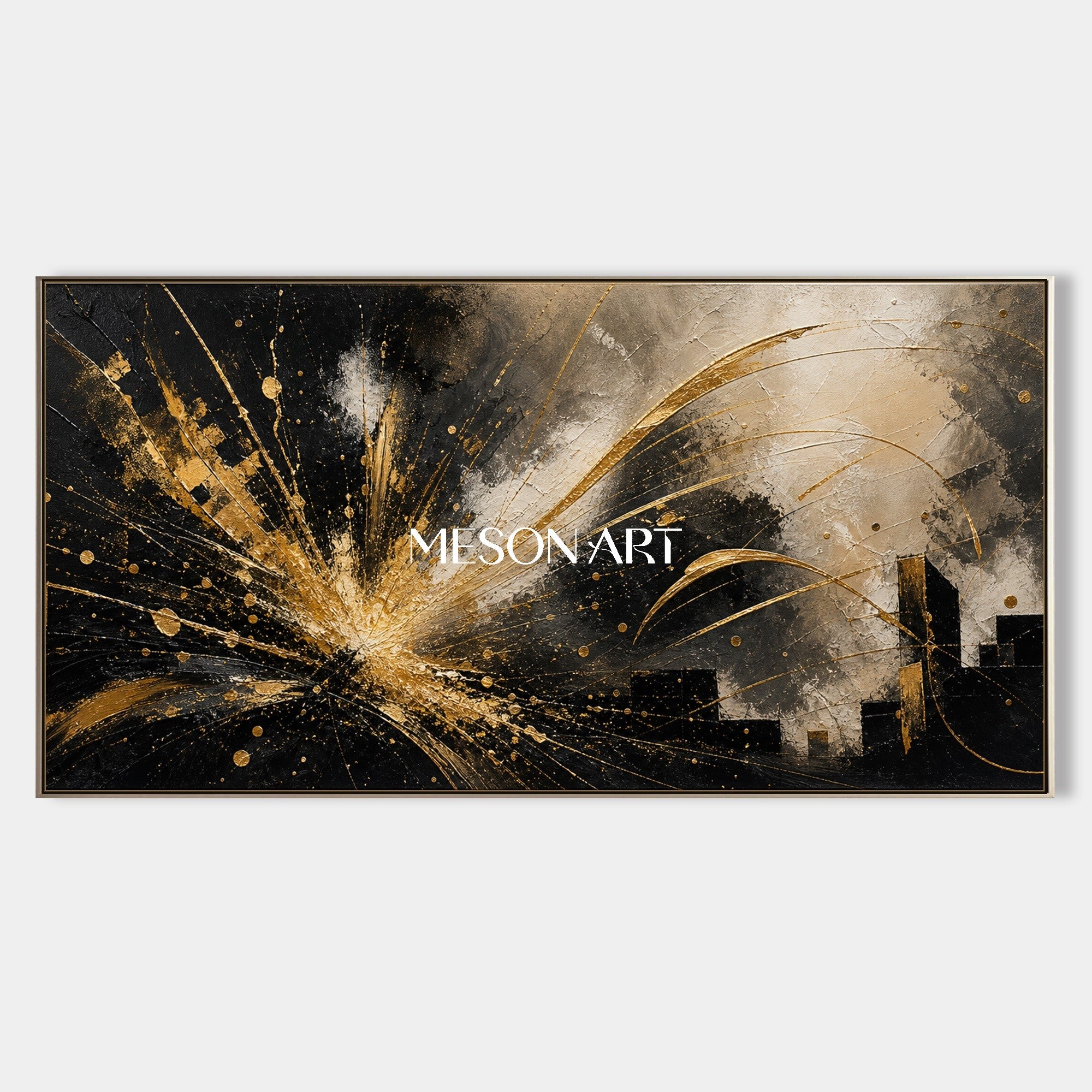 Abstract Black Gold City Painting With Metallic Texture For Modern Living Room Decor