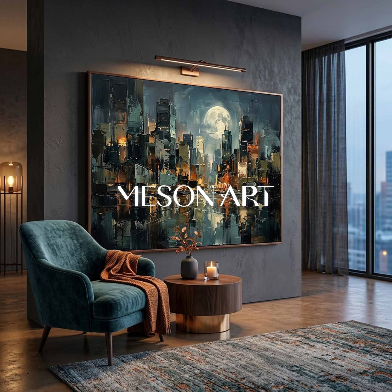 Abstract Cityscape Oil Painting With Textured Plaster Effect For Modern Living Room Decor