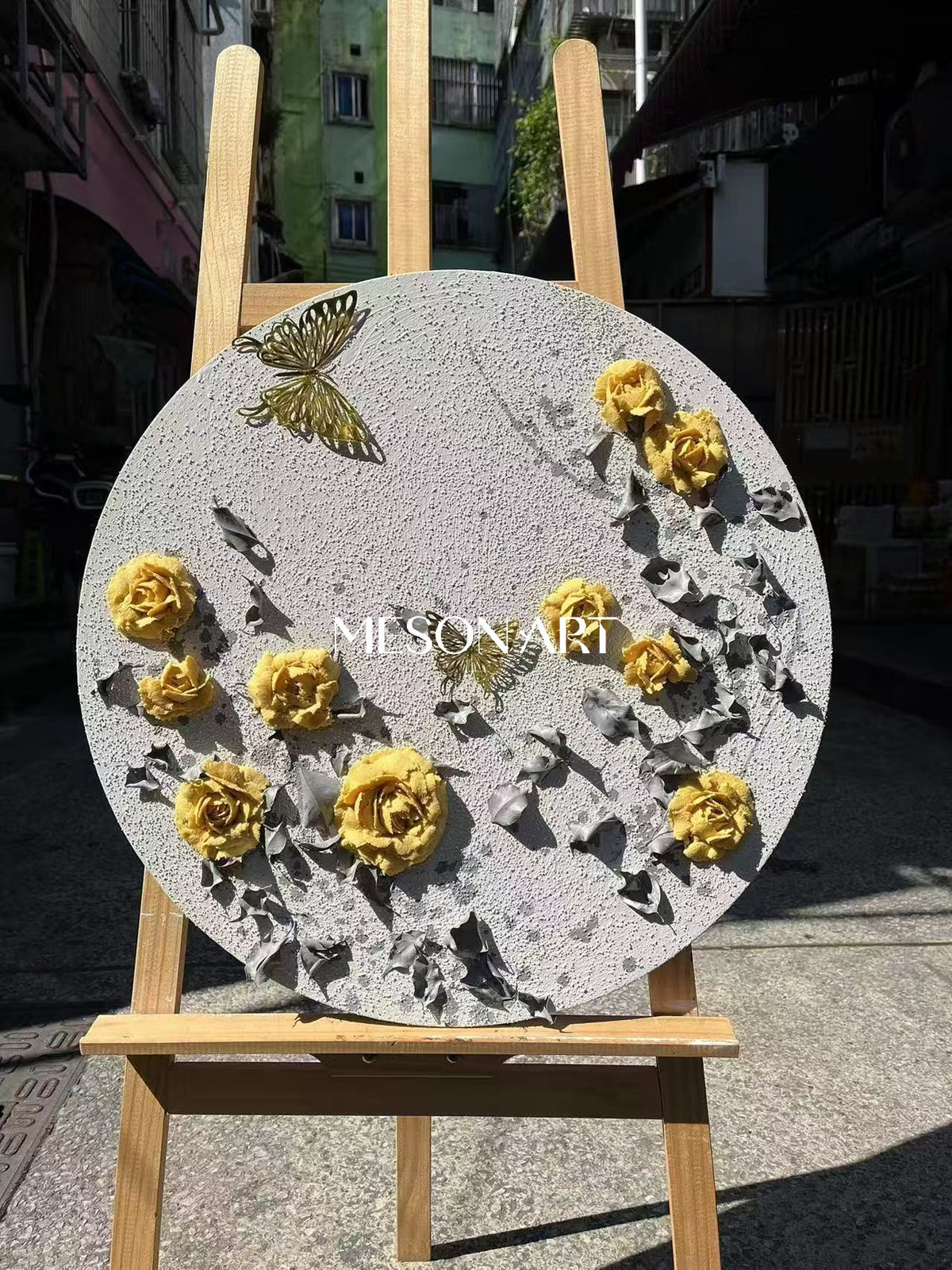 Yellow And Gray Botanical Impression Painting Circular Wall Art Original Hand Painted By Mesonart