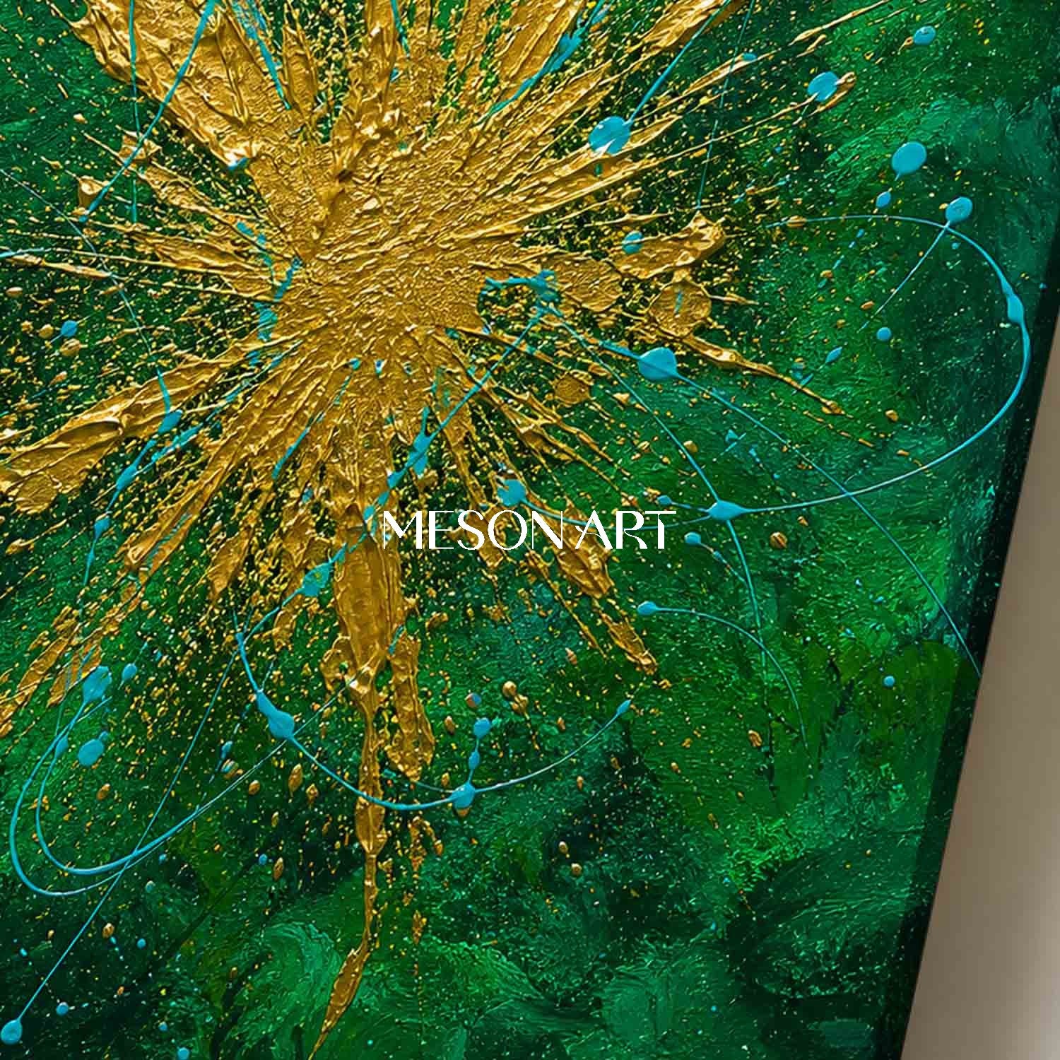 Emerald Green And Gold Abstract Painting With Textured Relief For Modern Living Room Decor