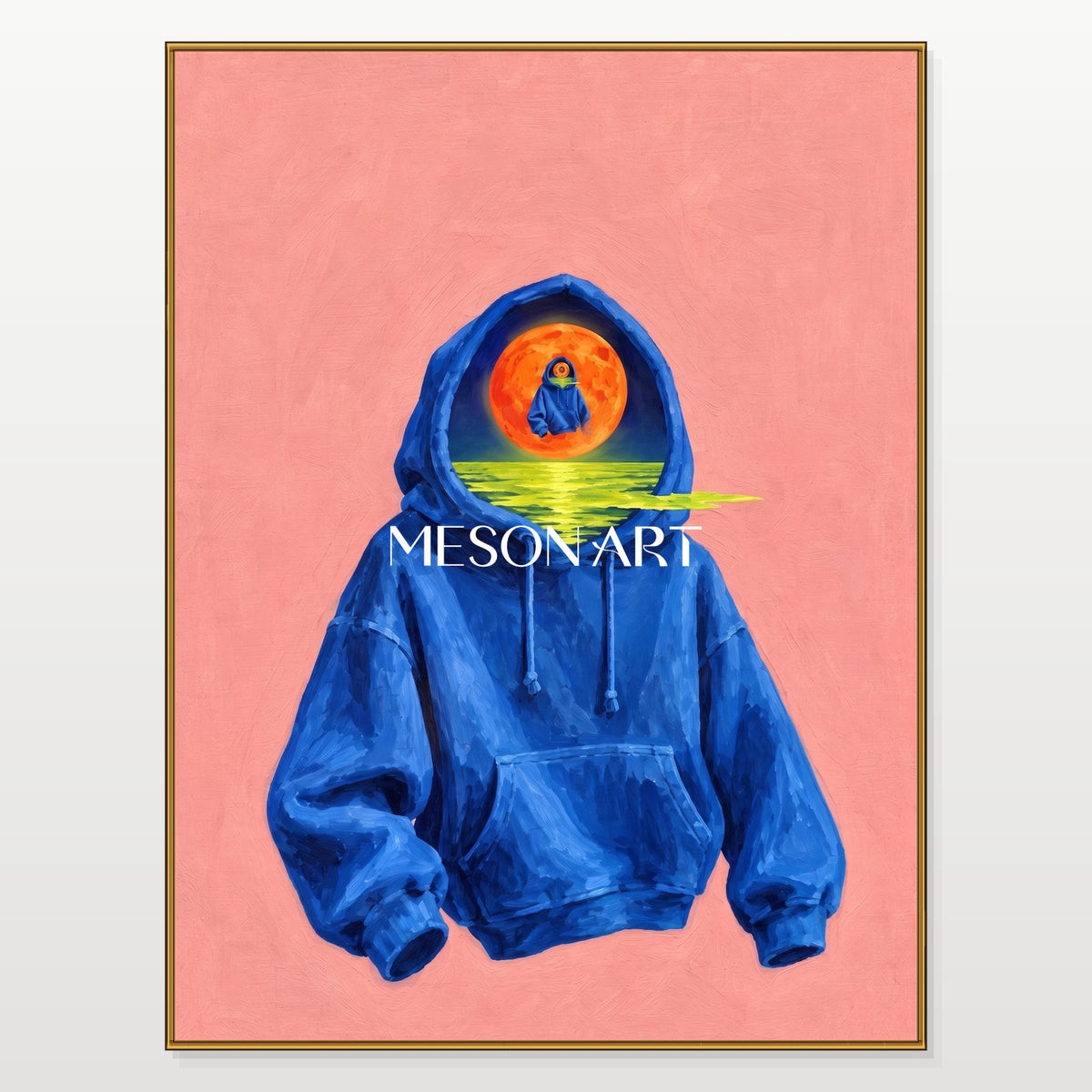 Surrealistisches Gemälde in Blau und Orange mit Spiegelbild – rechteckiges Wandbild, Originalwerk des Künstlers Mesonart