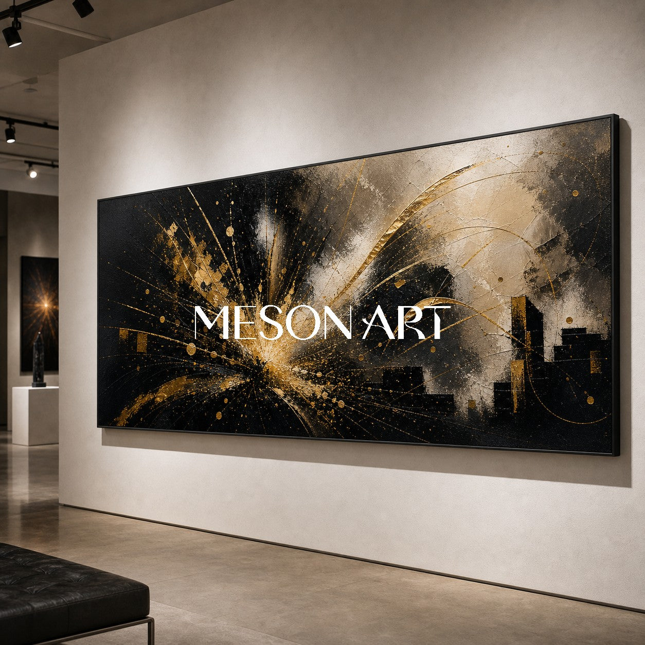 Abstract Black Gold City Painting With Metallic Texture For Modern Living Room Decor