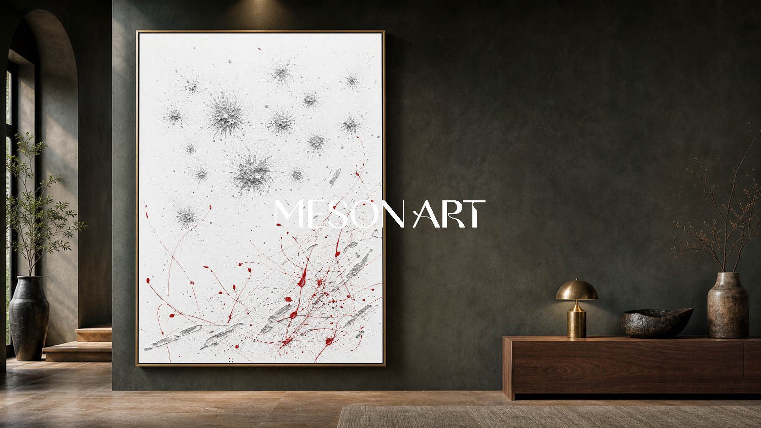 Original Silver Red Pollock Style Oil Painting On Linen Canvas For Modern Living Room Decor