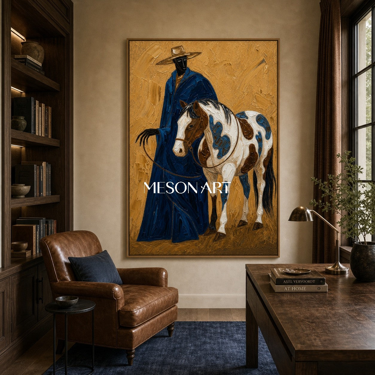 Azure Cowboy And Horse Painting With Textured Impasto For Mid Century Modern Decor