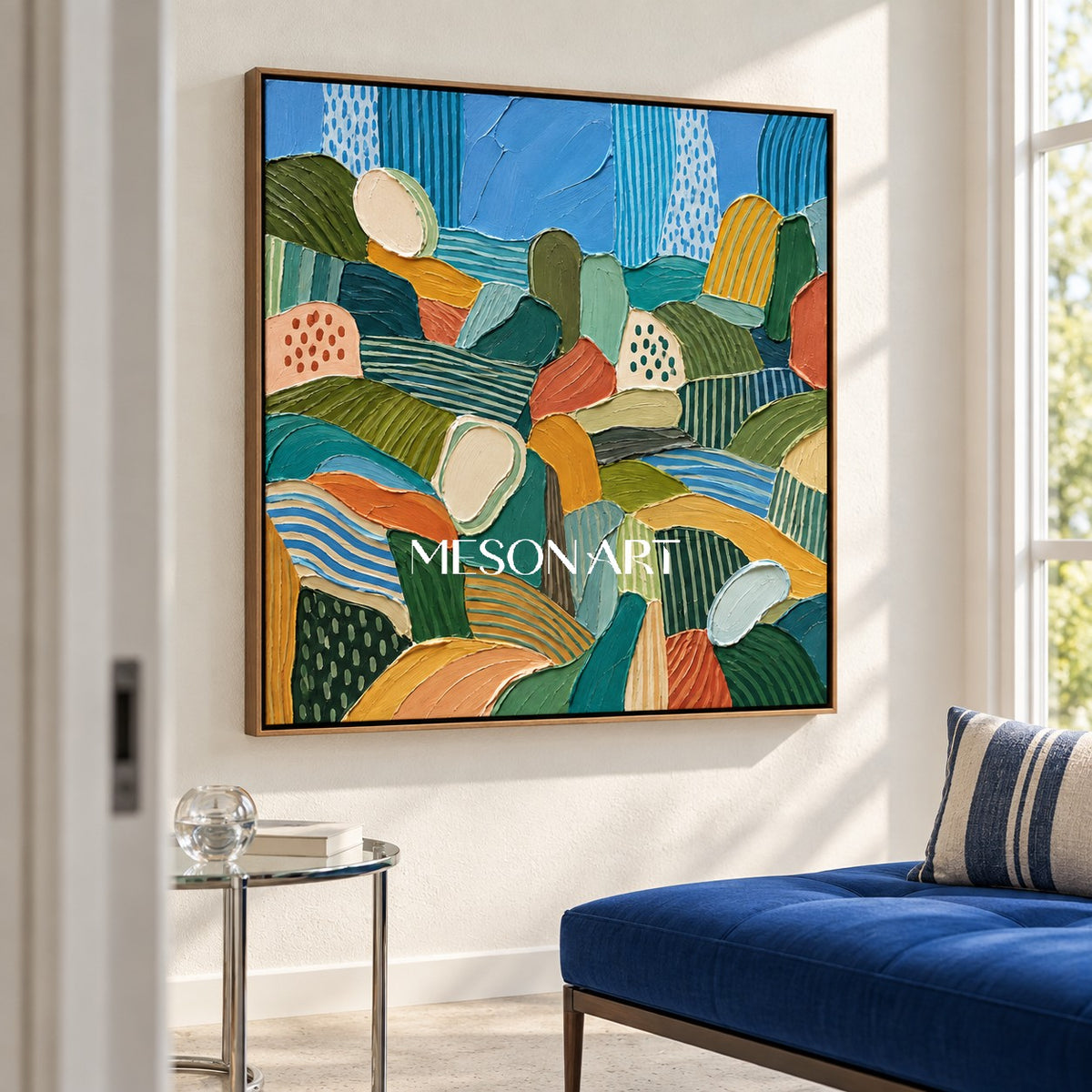 Blue And Green Abstract Landscape Painting Square Wall Art For Living Room By Mesonart
