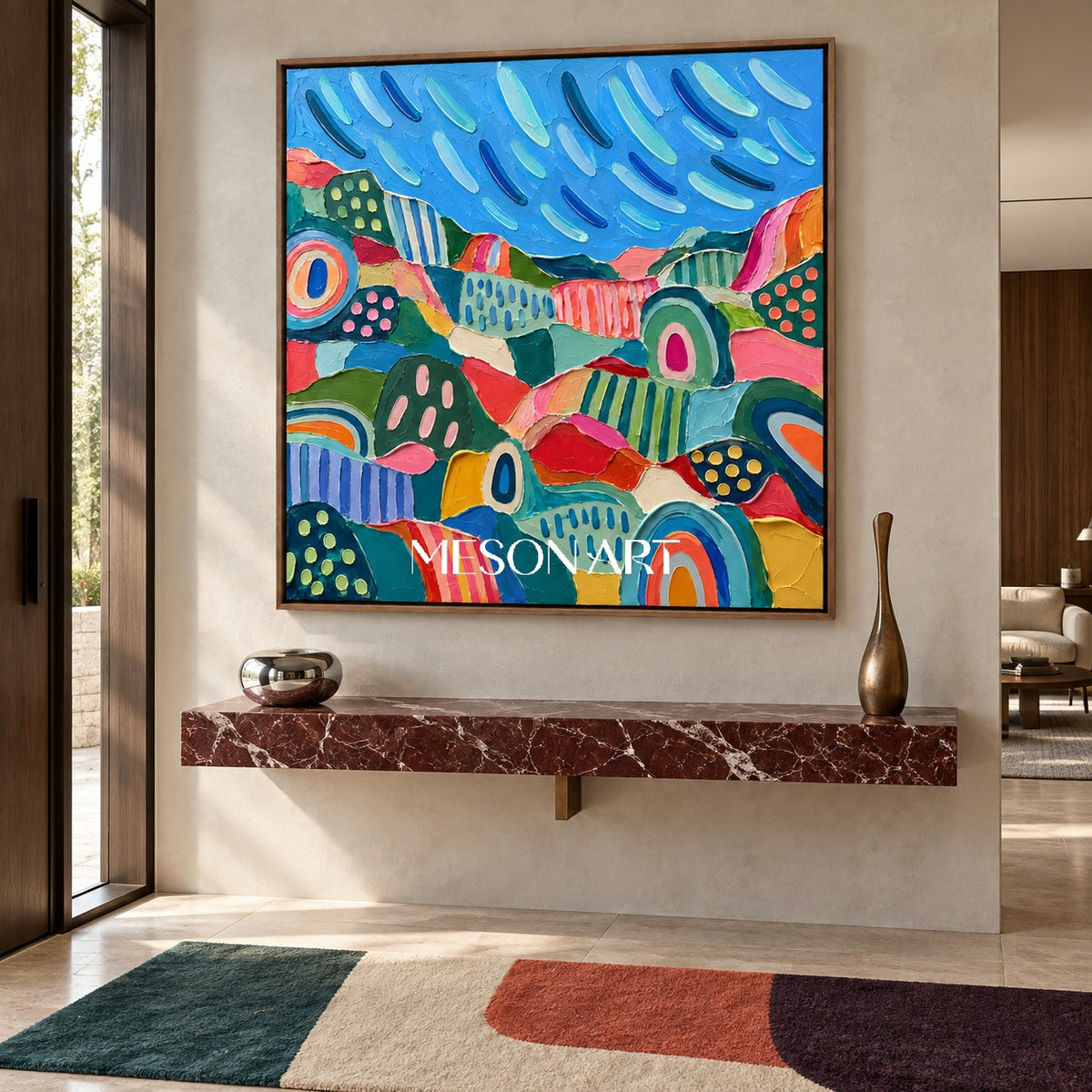 Blue And Green Abstract Landscape Painting Square Wall Art For Living Room By Mesonart