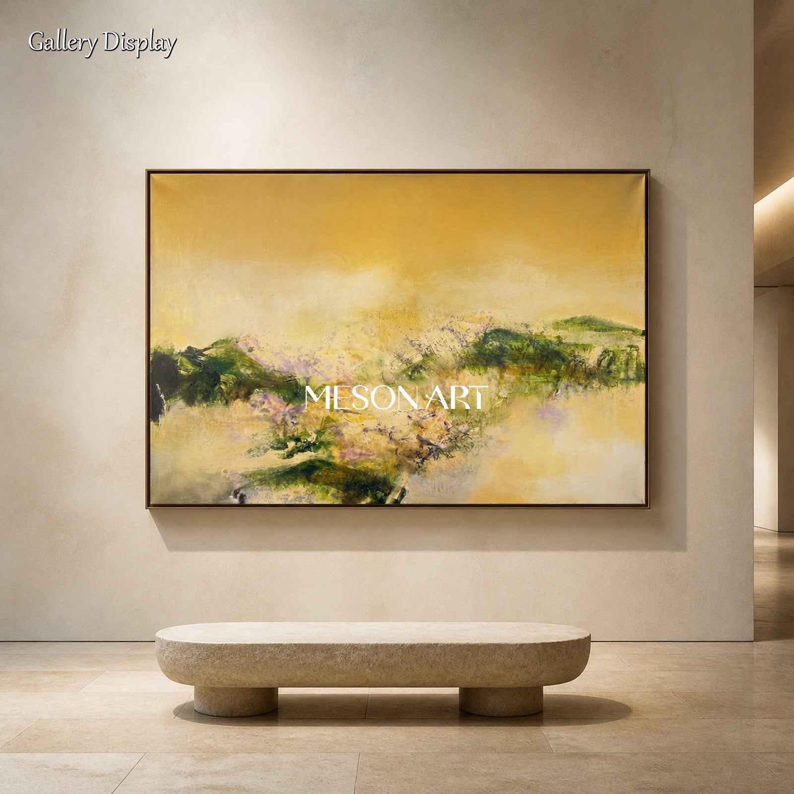 Beige And Green Abstract Expressionist Landscape Painting Rectangular Wall Art For Living Room By Mesonart