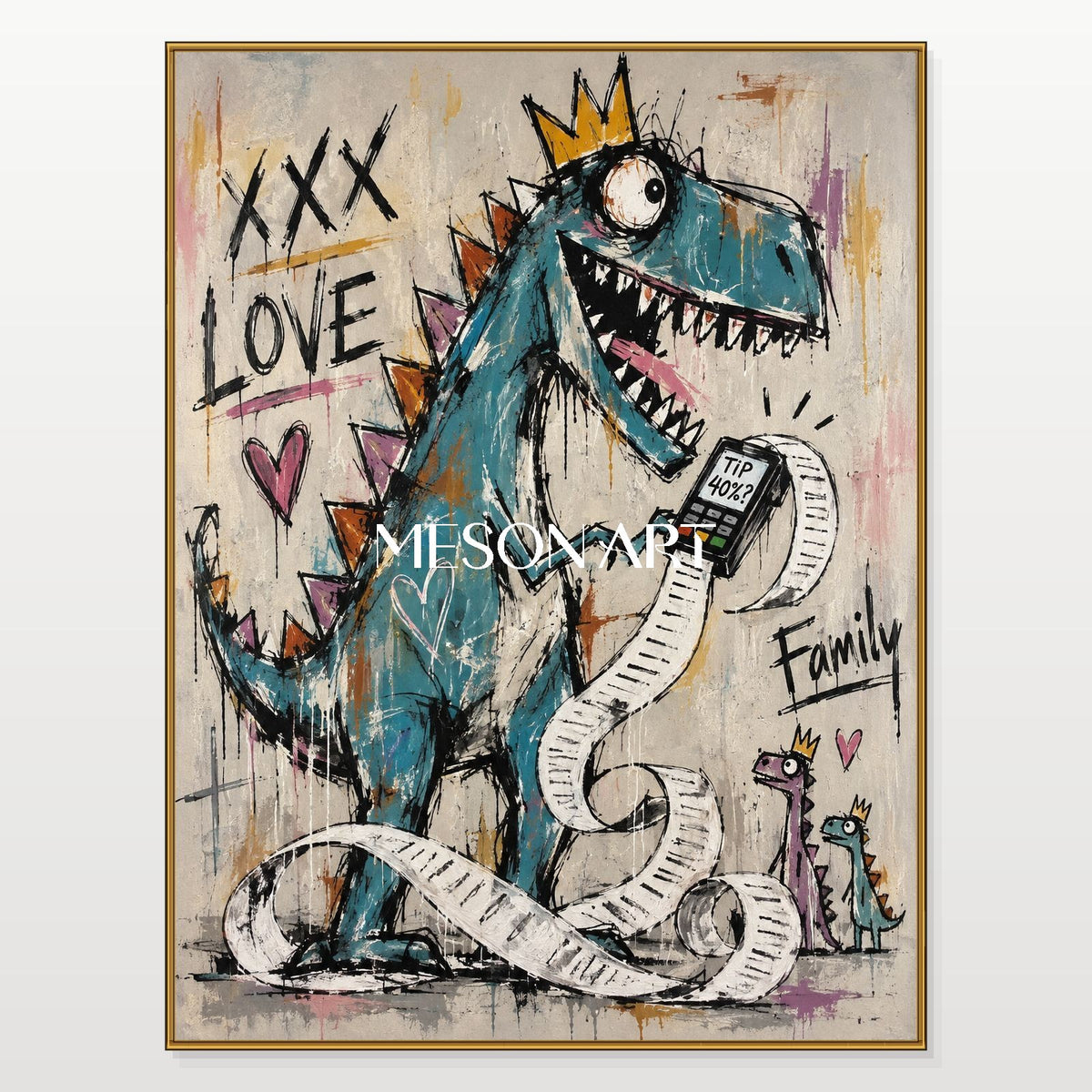 Blue And Gold Graffiti Dinosaur Wall Art Rectangular Original Artist Hand Painted By Mesonart