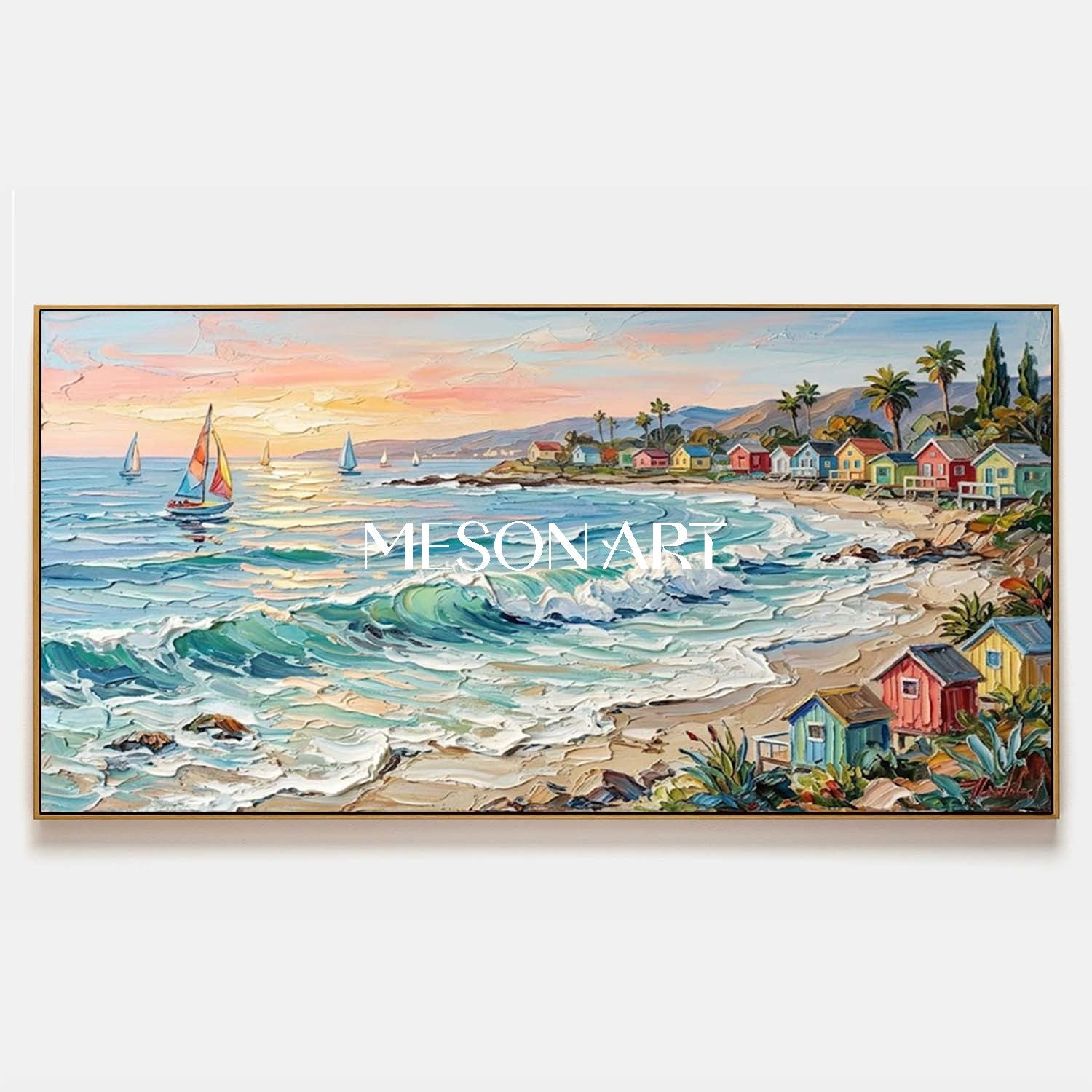 Luxury Mediterranean Coastal Oil Painting With Colorful Cottages And Turquoise Waves For Living Room
